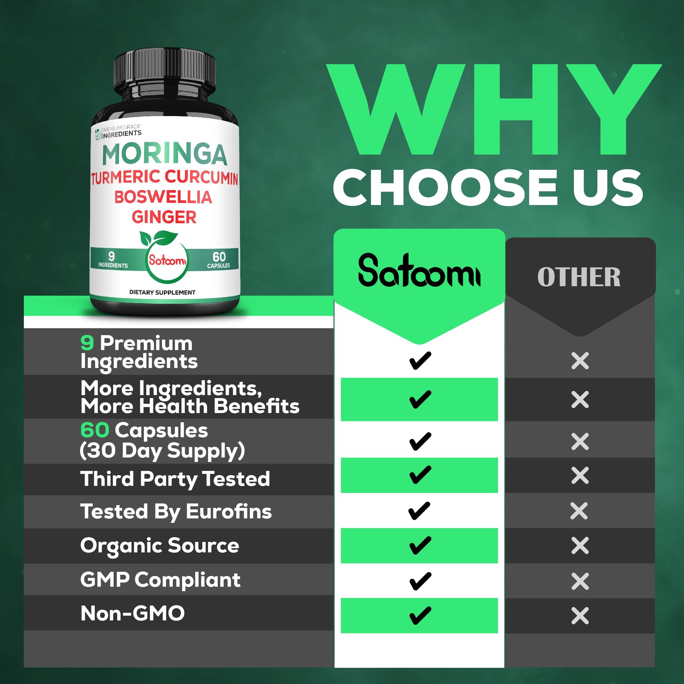 Satoomi 9in1 Moringa Capsules - Featuring Moringa, Turmeric, Boswellia, Ginger, Ashwagandha, Ceylon Cinnamon and Milk Thistle, and Resveratrol | Support Mood, Heart & Overall Health - 60 Count SatoomiAu supplements
