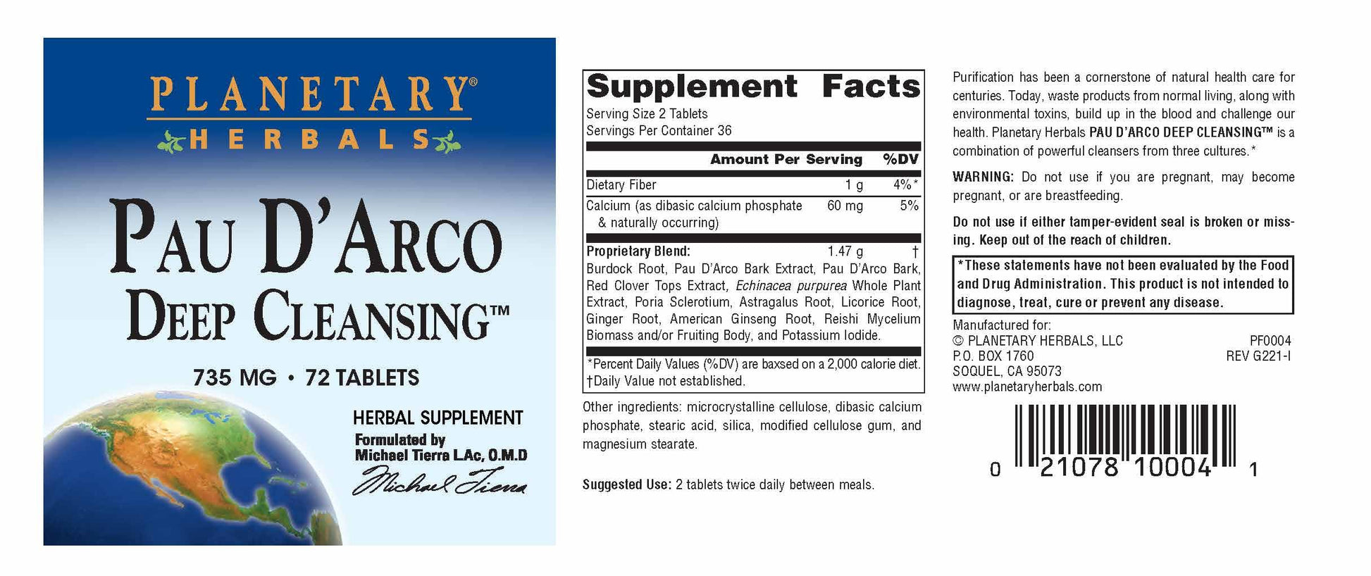 Planetary Herbals PAU D'Arco Deep Cleansing, Herbal Supplement, 735 mg - 72 Tablets Planetary HerbalsAu supplements