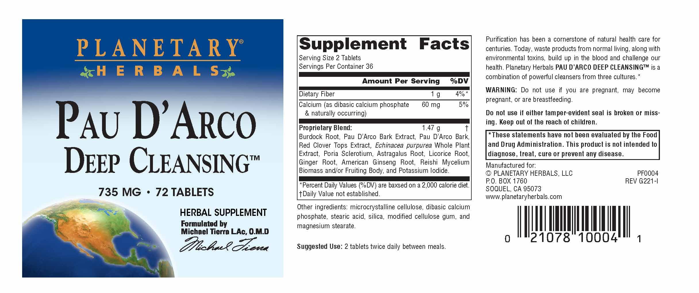 Planetary Herbals PAU D'Arco Deep Cleansing, Herbal Supplement, 735 mg - 72 Tablets Planetary HerbalsAu supplements