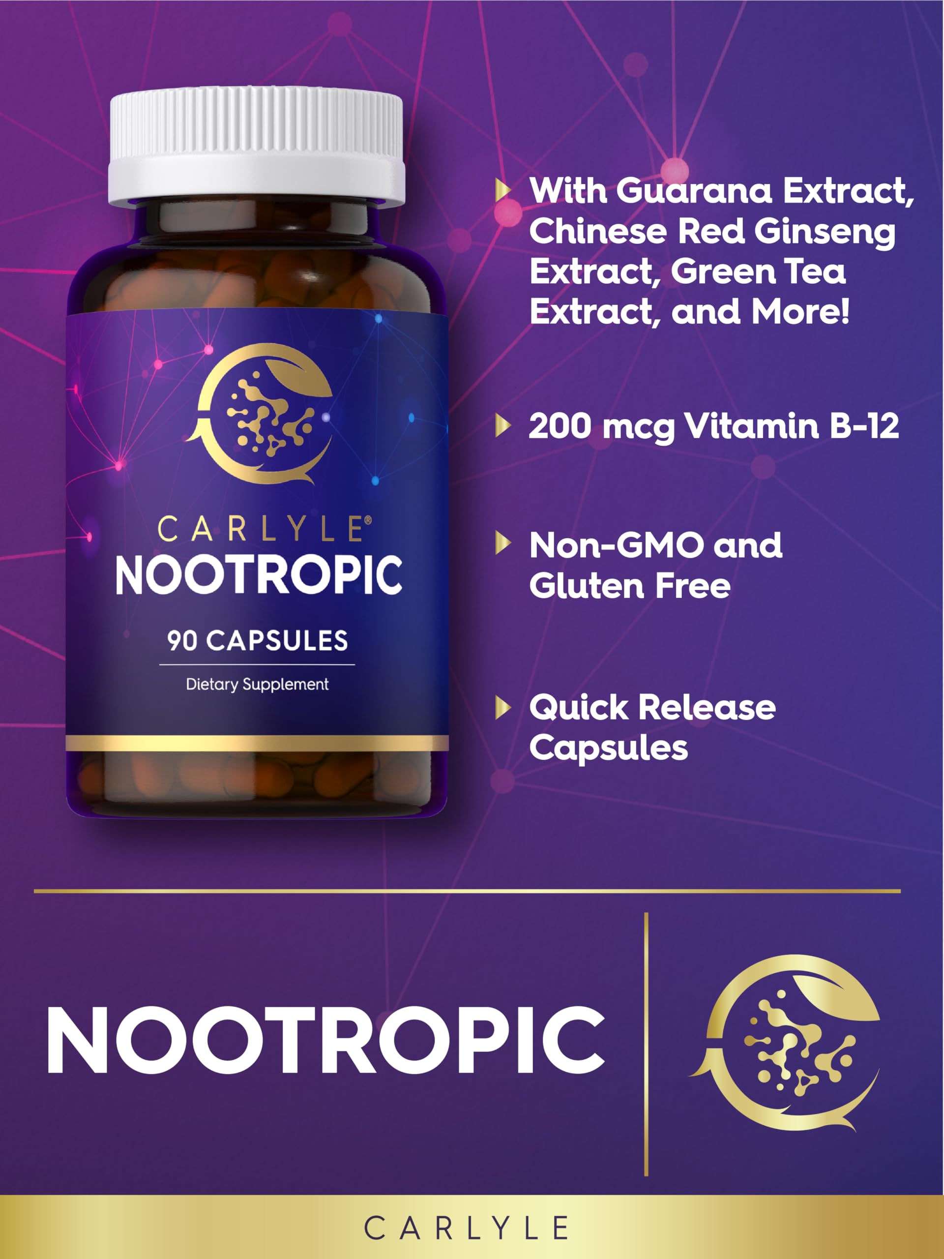 Carlyle Brain Nootropic Supplement | 90 Capsules | with Caffeine, B12, and Guarana Extract | Non-GMO & Gluten Free CarlyleAu supplements