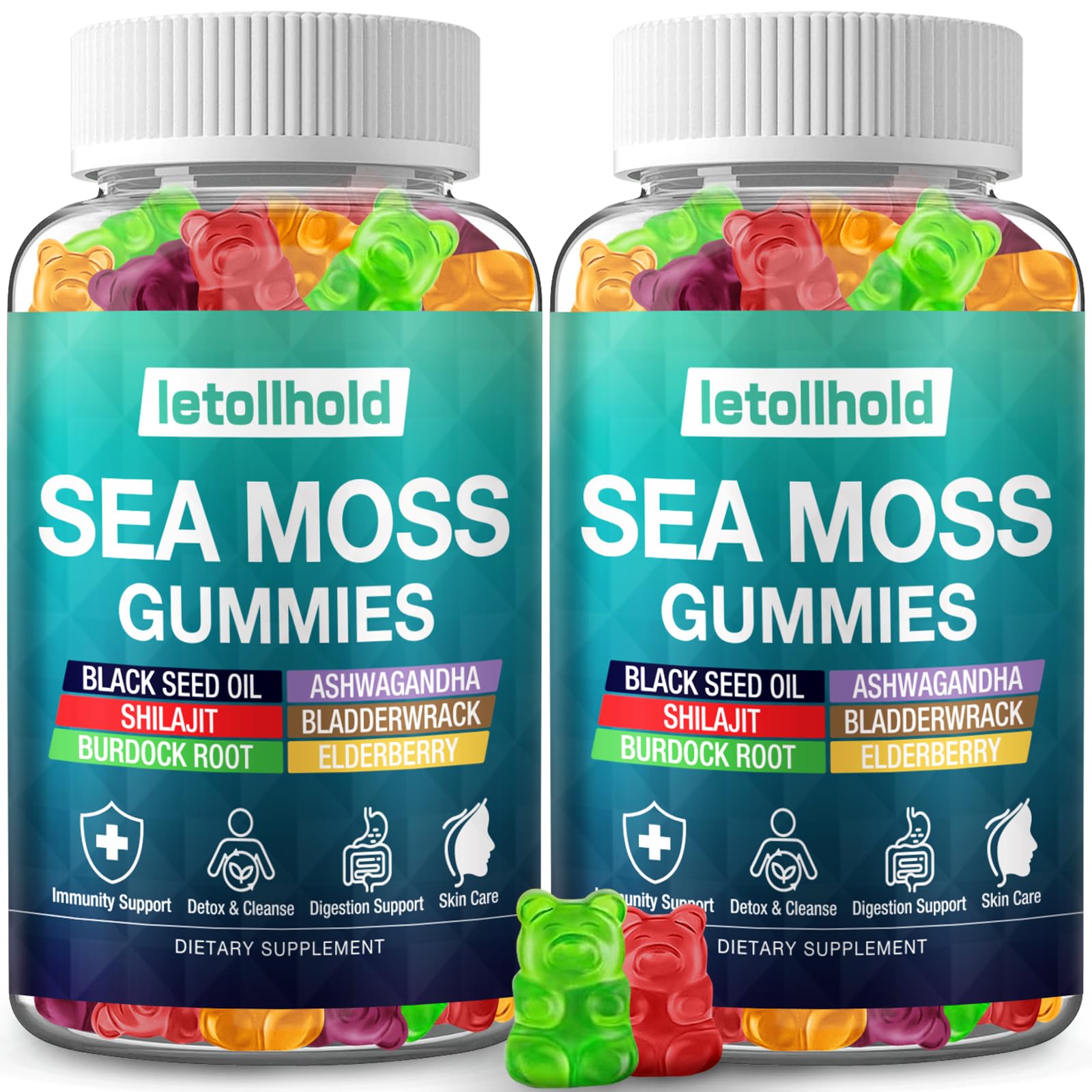 Sea Moss Gummies - Irish Sea Moss Gummies Advanced for Adults with Ashwagandha Bladderwrack & Burdock Root for Supports Immune，Energy - 60 Vegan Gummy,2PCS letollholdAu supplements