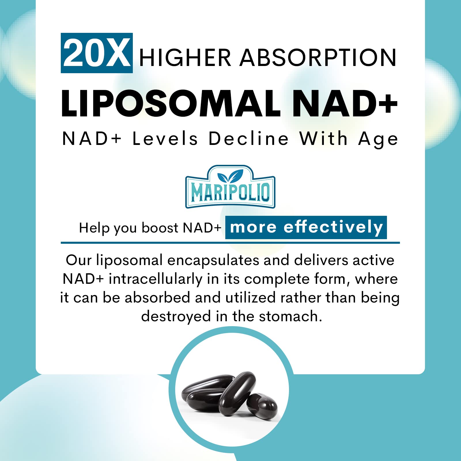 Maripolio Liposomal NAD+ 1000 mg Supplement | High Bioavailability Liposomal Delivery | Cellular Energy & Wellness Support | Pure NAD+ Dietary Supplement for Men,Women, 60 Softgels MaripolioAu supplements