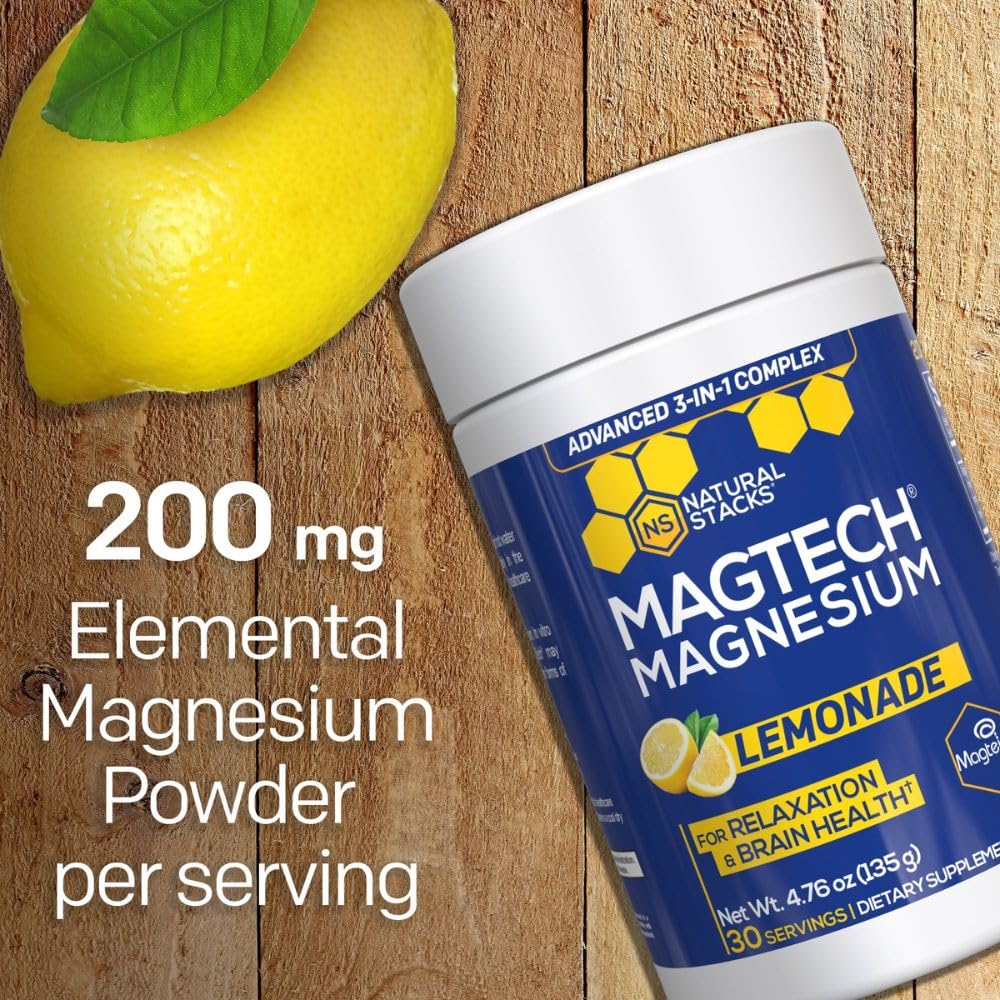 Magtein Magnesium L-Threonate, Glycinate & Taurate - MagTech Magnesium Powder - Sugar Free Lemonade Drink - 200mg Chelated Triple Complex - Supports Relaxation & Brain Health* - 30 Servings NATURAL STACKSAu supplements
