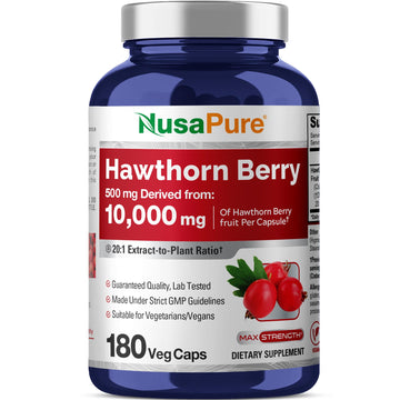 NusaPure Hawthorn Berry 20:1 Extract, 500 mg Equivalent to 10,000 mg 180 Veg Caps, Suitable for Vegetarians, Vegan, Non-GMO Dietary Supplement NusaPureAu supplements