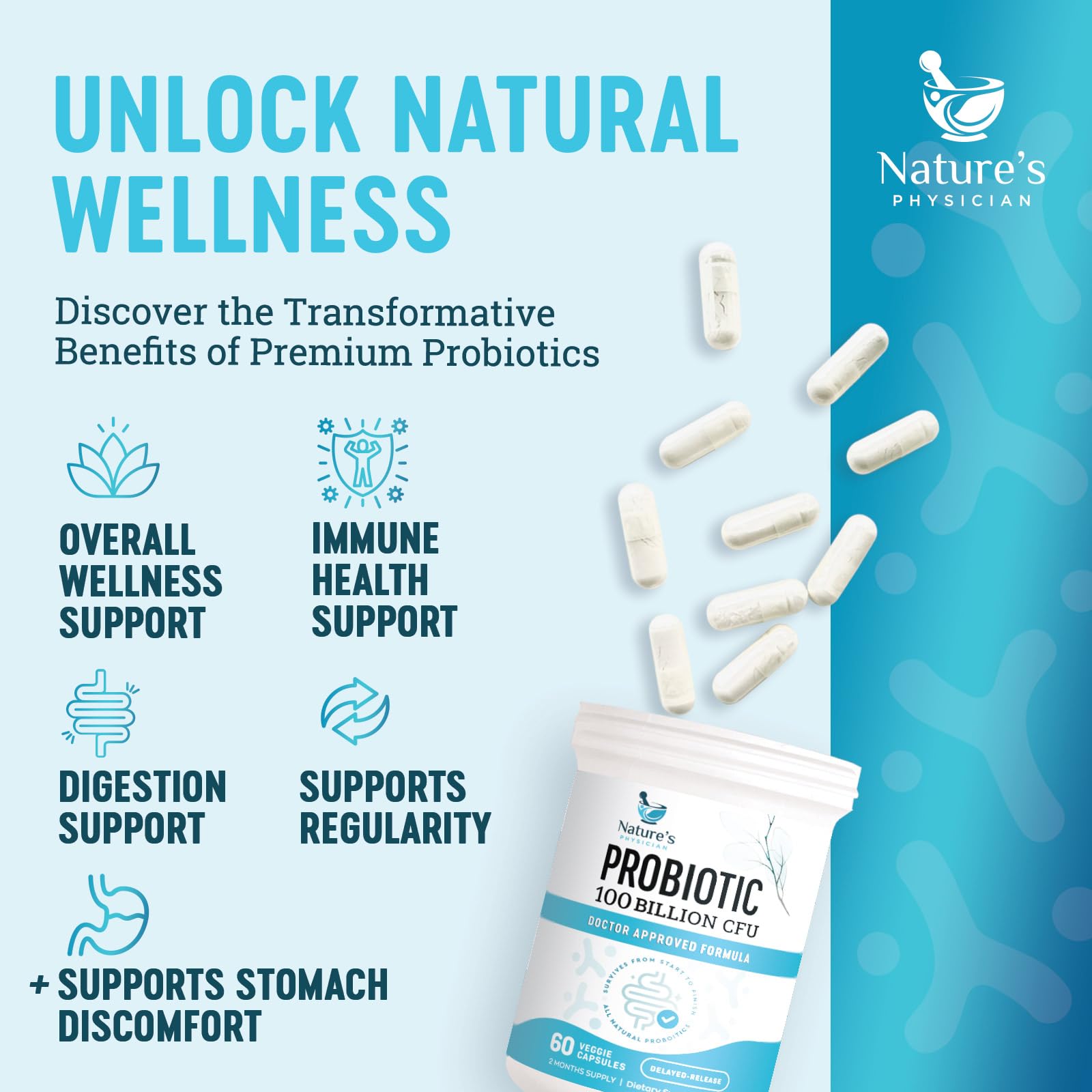 Nature's Physician Probiotics - 100 Billion CFU - 16 Strains + Prebiotics - Best Probiotic Supplement for Women & Men - Supports Immune, Digestive Health, Occasional Constipation & Gas - 60 Capsules Nature's PhysicianAu supplements