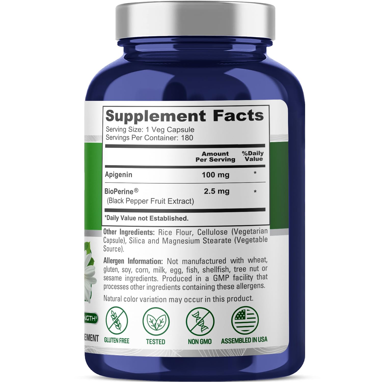NusaPure Apigenin 100 mg per Capsule 180 Vcaps - Bioperine (Non-GMO, Gluten Free) NusaPureAu supplements