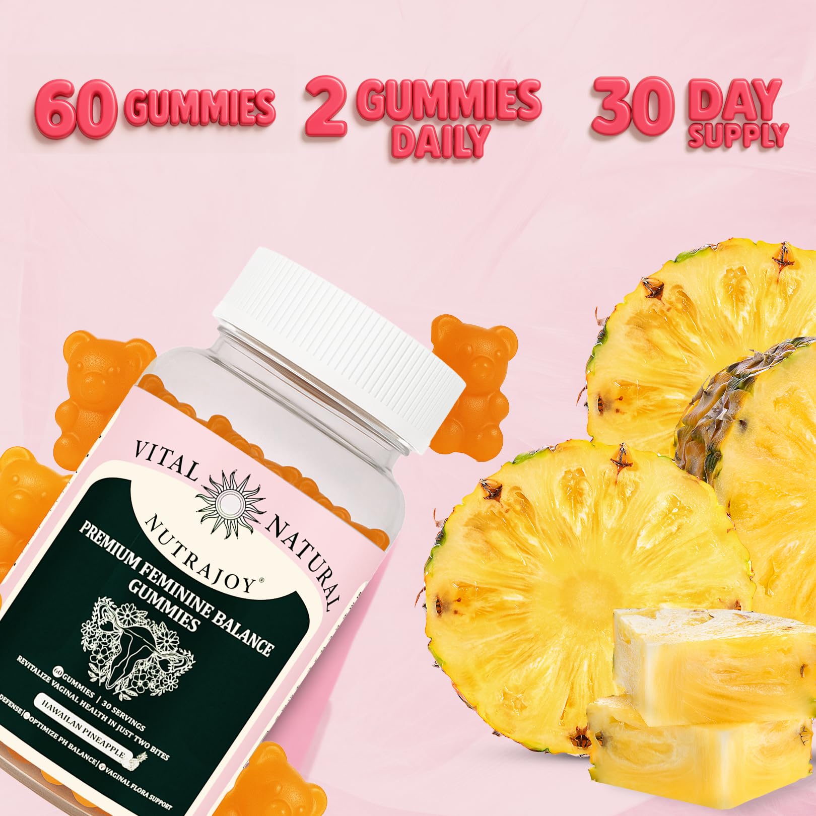 NUTRAJOY Premium Feminine Balance Gummies, for Women's Ph Health, Vaginal Wellness Support, Immune Support, Energy Support, Hawaiian Pineapple, Vegan Gluten-Free, 60 Gummies NUTRAJOYAu supplements