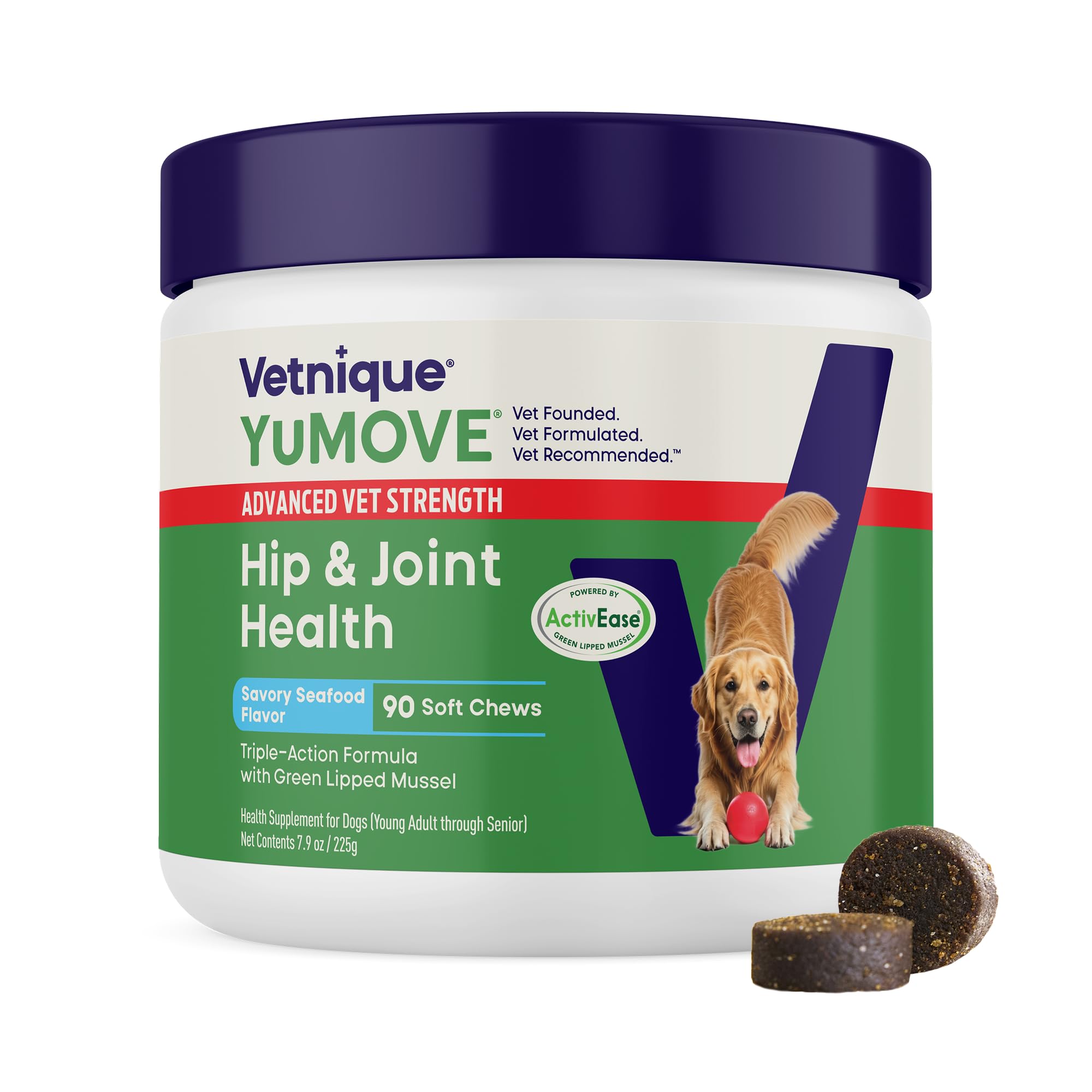 Yumove Hip & Joint Supplement for Dogs with Glucosamine, Hyaluronic Acid, Green Lipped Mussel & Omega 3 Joint Supplement - Regular or Advanced Strength (90 Count, Advanced Vet Strength Soft Chews) YuMOVEAu supplements