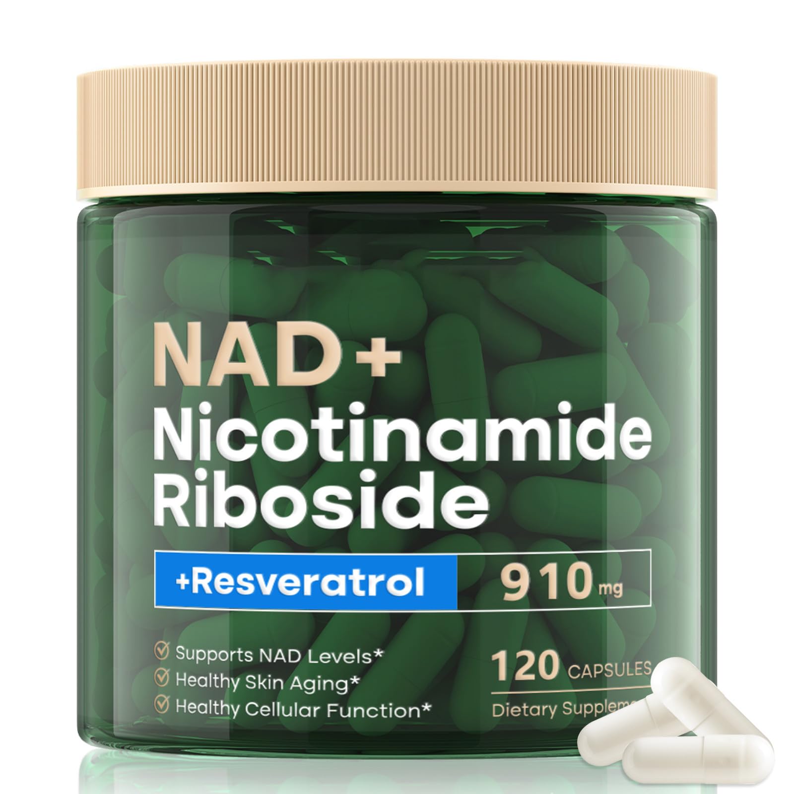 NAD Supplement 120 Capsules, Liposomal Nicotinamide Riboside, Resveratrol, Quercetin, NAD Nicotinamide Riboside Resveratrol 910mg for Women & Men, NAD Supplement for Anti Aging and Cell Regeneration RHBESTOKAu supplements