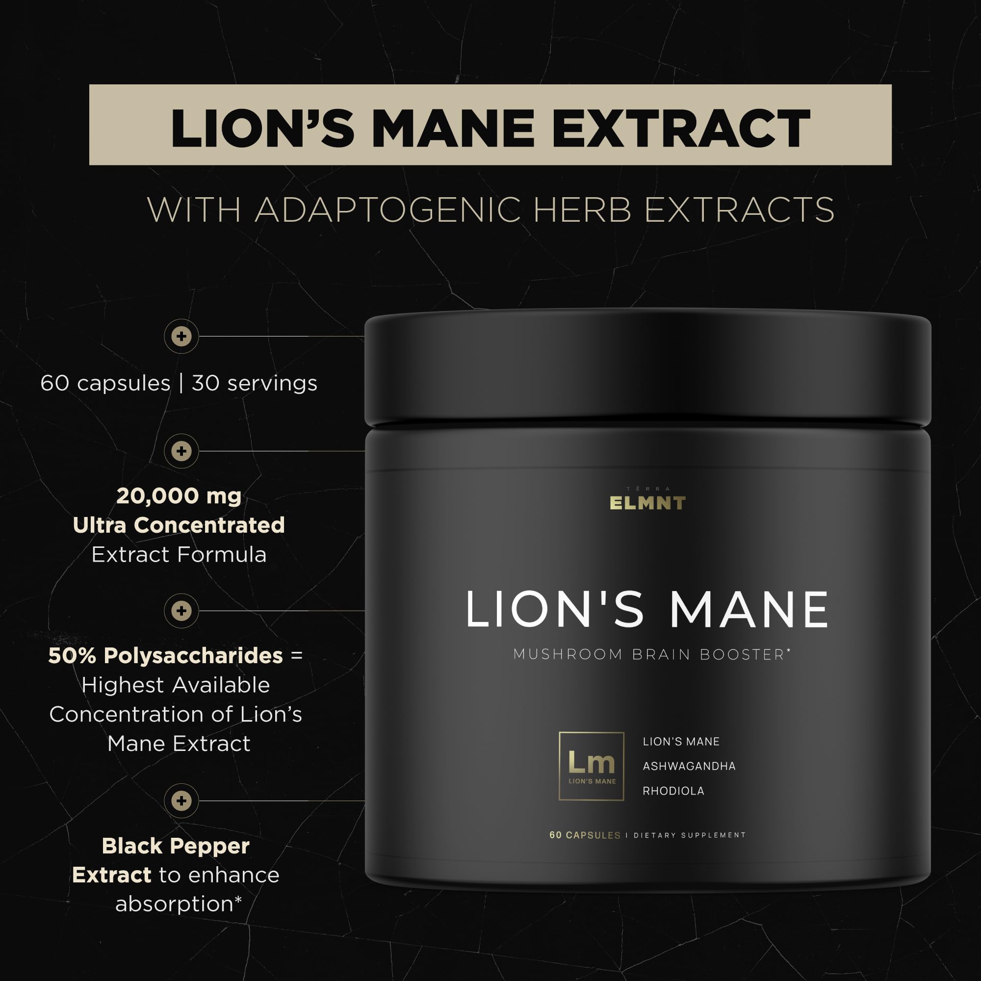 20,000mg 16x Strength Lions Mane Supplement Capsules Super Nootropic w. Ashwagandha & Rhodiola - Highest Potency Lion's Mane Mushroom Extract 50% Polysaccharides Brain Supplements for Memory and Focus TERRA ELMNTAu supplements