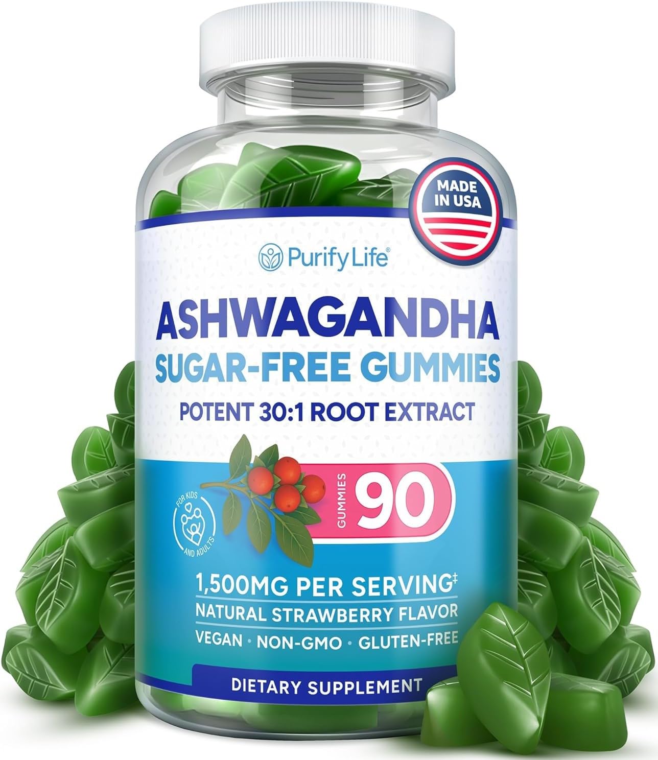 Sugar-Free Ashwagandha Gummies for Stress, Sleep & Mood Support - High-Potency 30:1 Ashwagandha Supplement Extract - Vegan Adaptogen Supplement for Women & Men, Natural Flavor, Plant-Based, 90 Gummies Purify LifeAu supplements