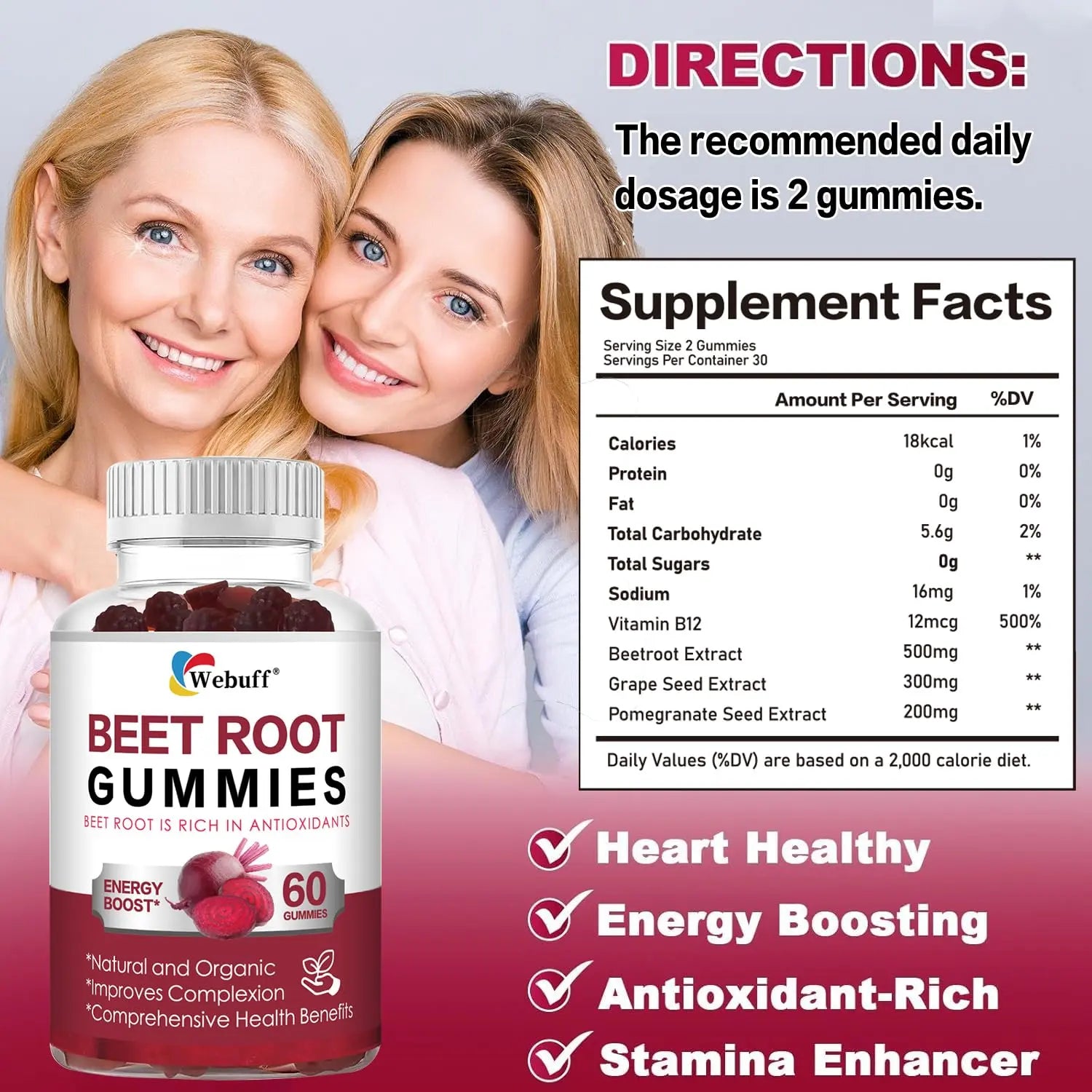 Webuff Beet Root Gummies - Nitric Oxide Booster with Organic Beet, Pomegranate & Grape Seed, Vitamin B12 - Energy, Circulation & Heart Health Support, Vegan, Non-GMO, 60 Count (Pack of 1) Webuffnz supplements