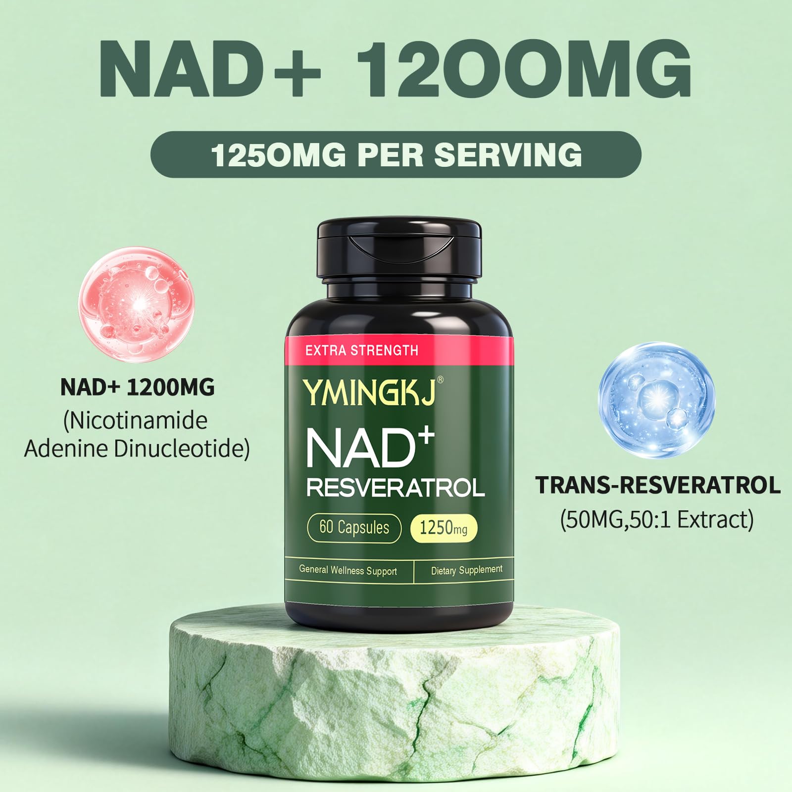 YMINGKJ NAD+ Supplement with Resveratrol 1200mg – Nicotinamide Adenine Dinucleotide & Trans-Resveratrol 50mg, Anti-Aging Cellular Energy & Metabolism Support, 60 Vegetarian Capsules (30 Servings) YMINGKJAu supplements