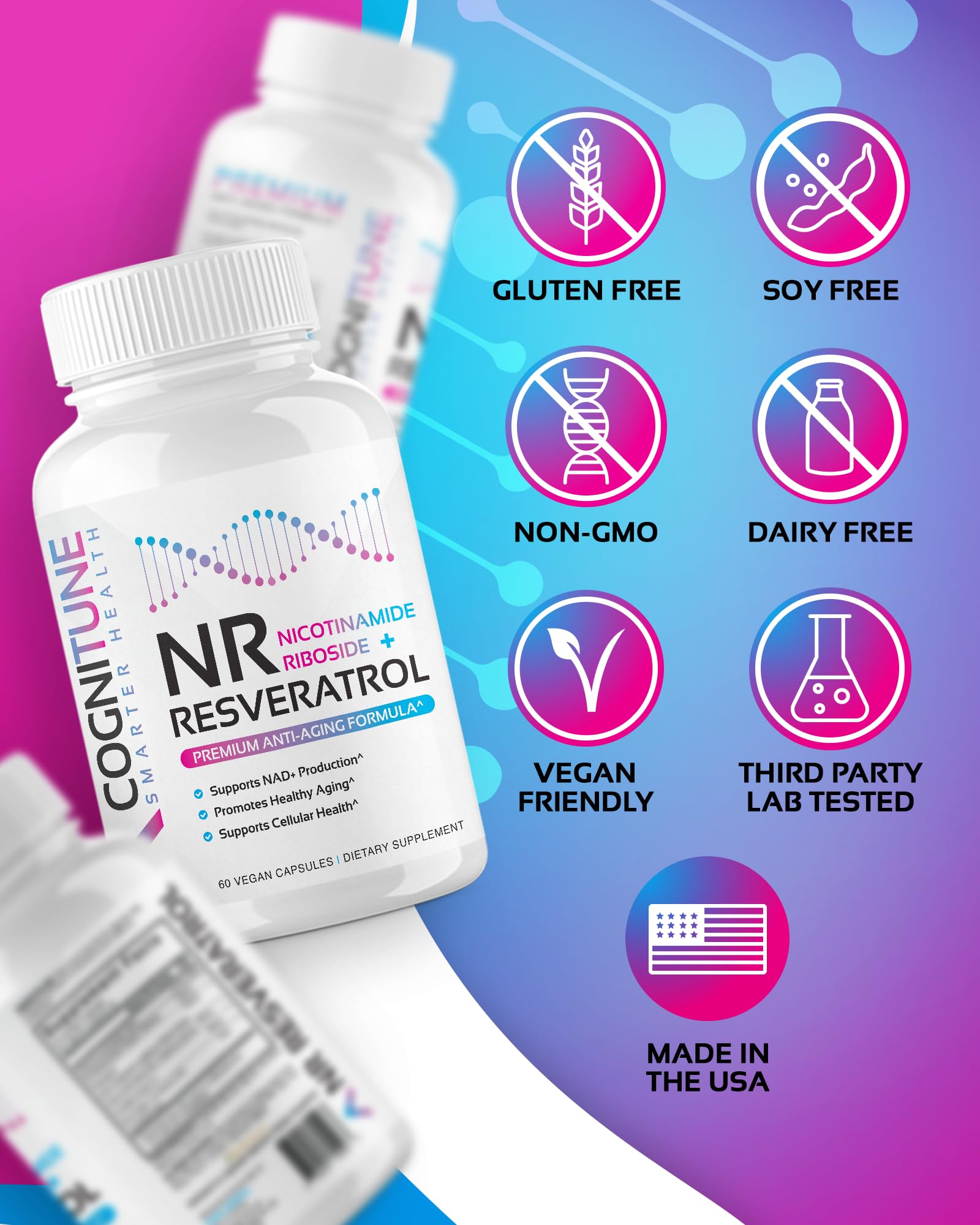 NR + Resveratrol Supplement - Increase NAD, DNA & Cellular Health, Longevity, Vitality. 5-in-1 Anti Aging Formula w/ Nicotinamide Riboside, Trans Resveratrol, Vitamin C, Grape Seed, Pine Bark CogniTuneAu supplements