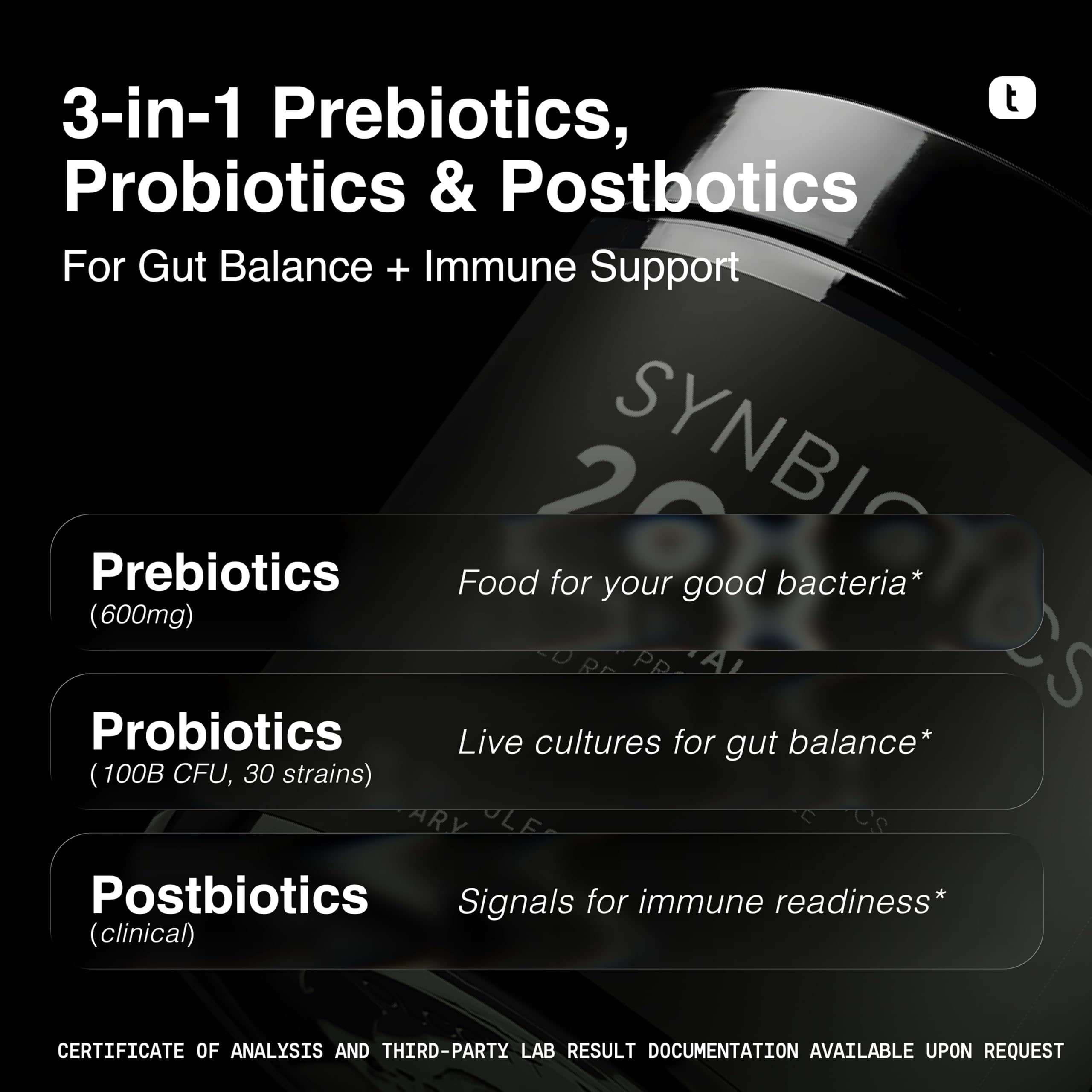 Toniiq Prebiotics and Probiotics – 200B TFU with Postbiotics IMMUSE® & ButyraGen® – 30 Strains – Shelf-Stable Synbiotic Formula – Third-Party Tested – 60 Capsules ToniiqAu supplements