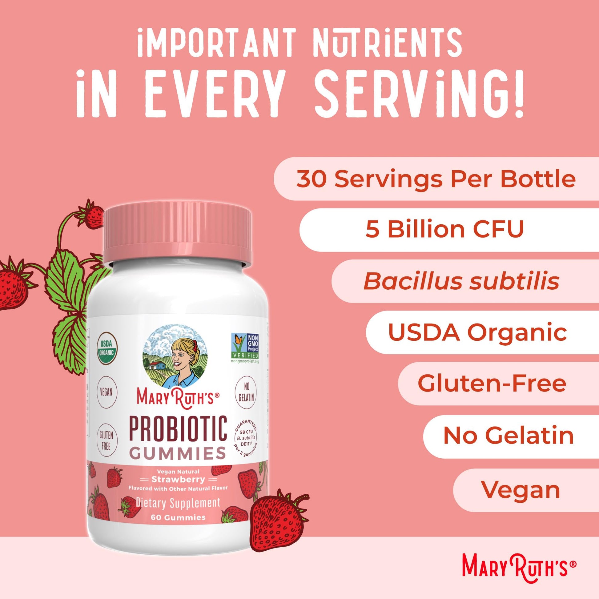 MaryRuth Organics USDA Organic Probiotic Gummies |Probiotics forWomen & Men Digestive Health & Gut Comfort Supplement 5 Billion CFU | Immune & Digestive Support | Vegan | Non-GMO | 60 Count MARYRUTH'SUS supplements