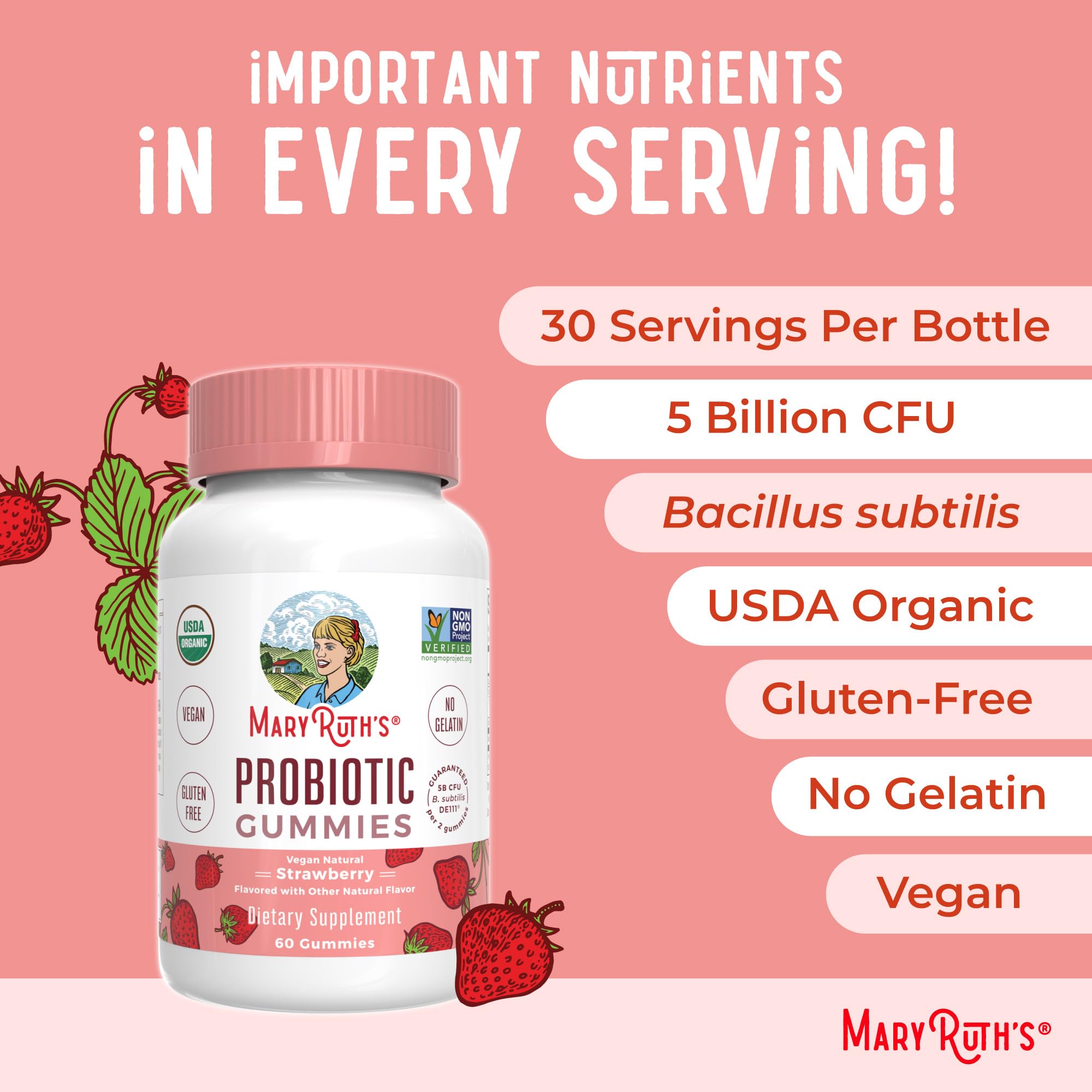 MaryRuth Organics USDA Organic Probiotic Gummies |Probiotics forWomen & Men Digestive Health & Gut Comfort Supplement 5 Billion CFU | Immune & Digestive Support | Vegan | Non-GMO | 60 Count MARYRUTH'SUS supplements