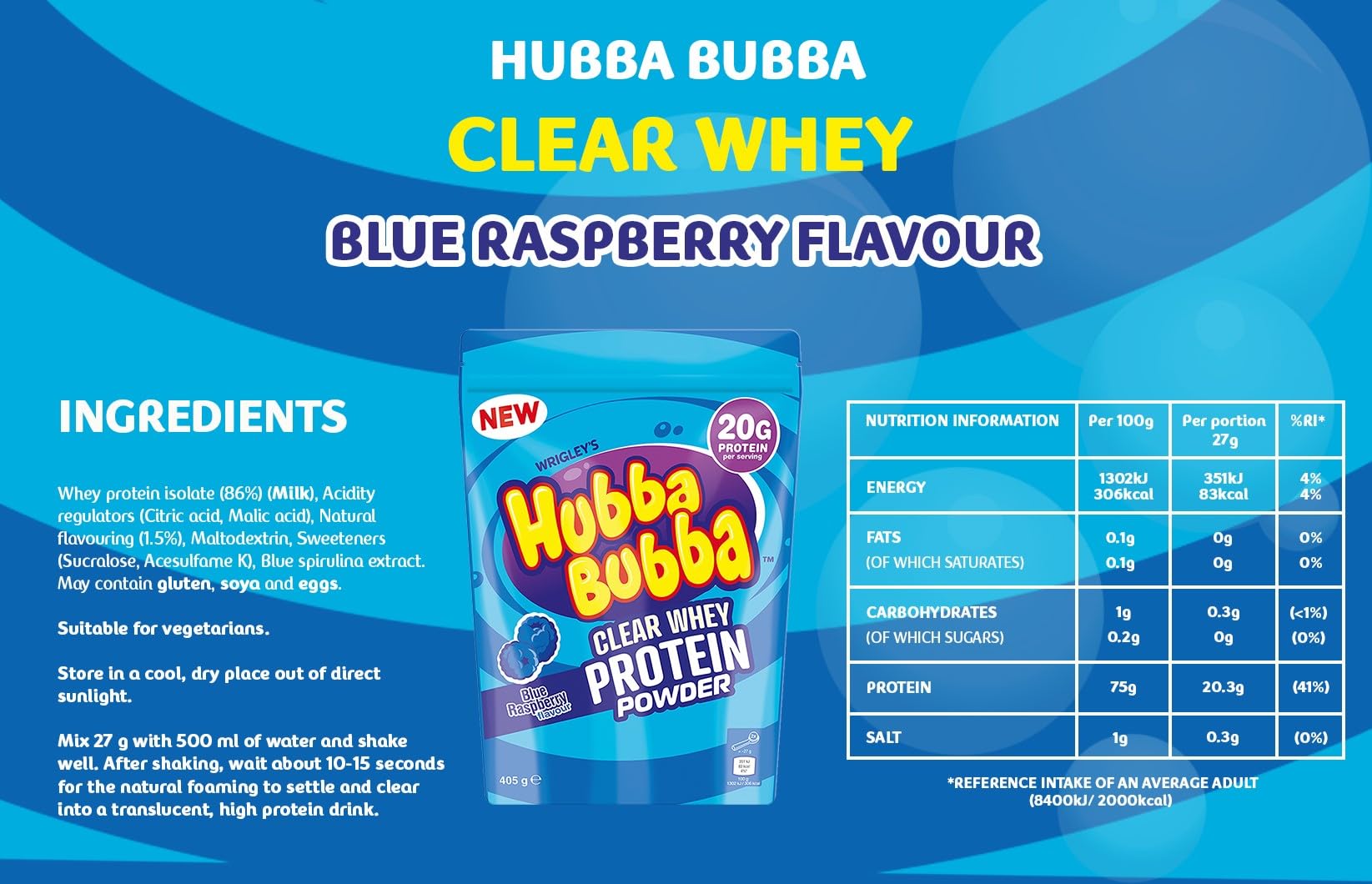 Hubba Bubba Blue Raspberry Clear Whey Isolate, Protein Powder Drink, 405g Pouch Hubba BubbaAu supplements