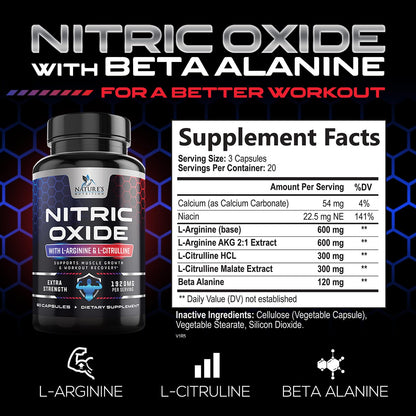 Extra Strength Nitric Oxide Supplement L Arginine 3X Strength - Citrulline Malate, AAKG Nature's NutritionUS supplements