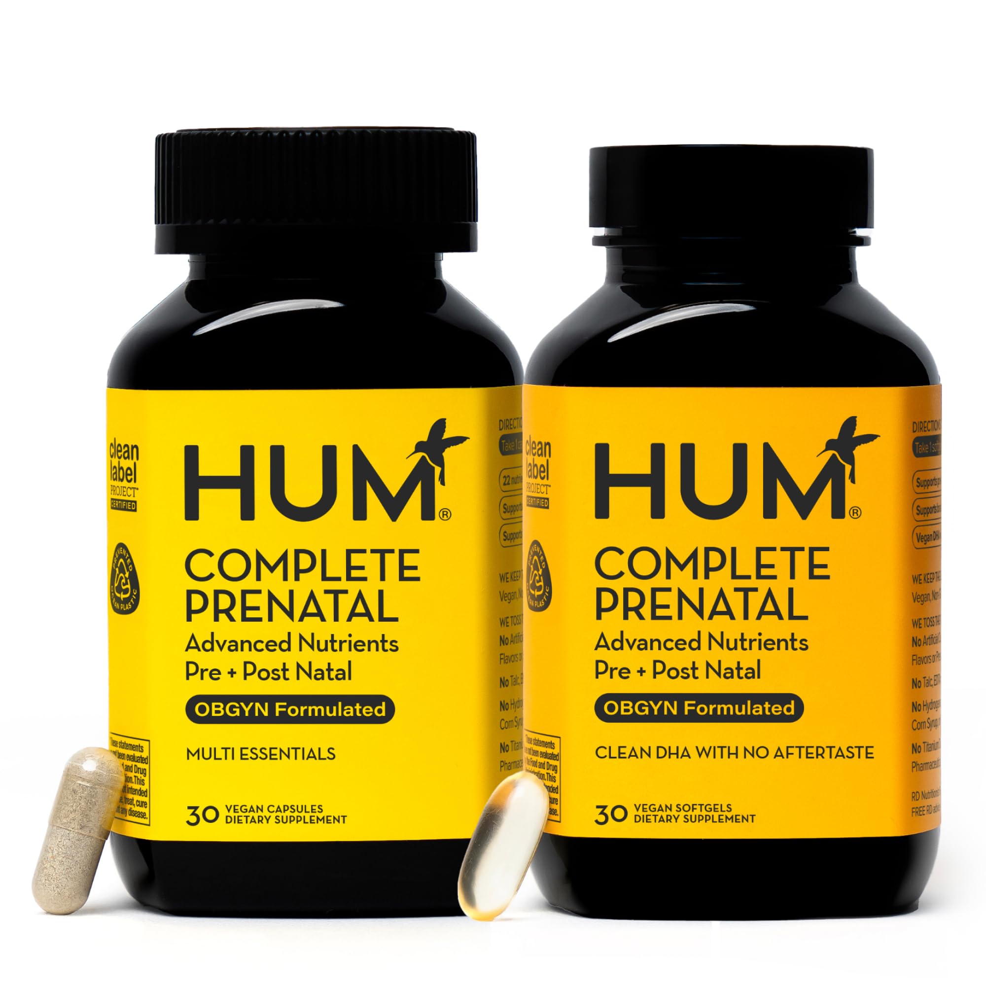 HUM Complete Prenatal Multivitamin for Women with Folate, DHA, and Choline, 23 Nutrients for Daily Support, Gluten Free, Non GMO Supplement for Pre, During, and Post Pregnancy, 30 Vegan Capsules HUMUS supplements