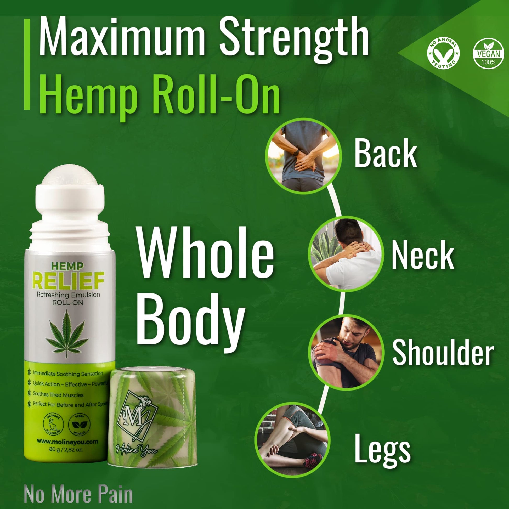 Moline You Natural Powerful Hemp Roll On, for Joint & Muscle Discomfort, Back, Neck, Knee, Shoulders HIPS. Formula with Hemp Oil Extract, Arnica, Menthol (Roll On 3 oz) Moline YouAu supplements