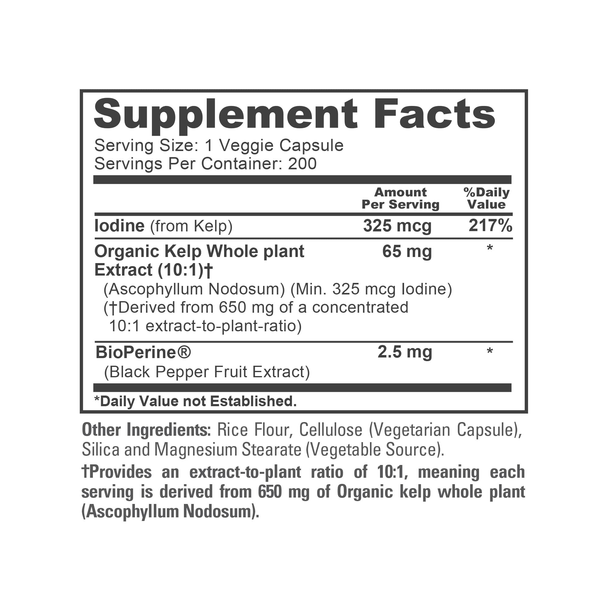 NusaPure Sea Kelp Natural Iodine 325mcg 10:1 Extract, 65 mg Equivalent to 650 mg Capsule 200 Count (Non-GMO, Vegan) NusaPureAu supplements
