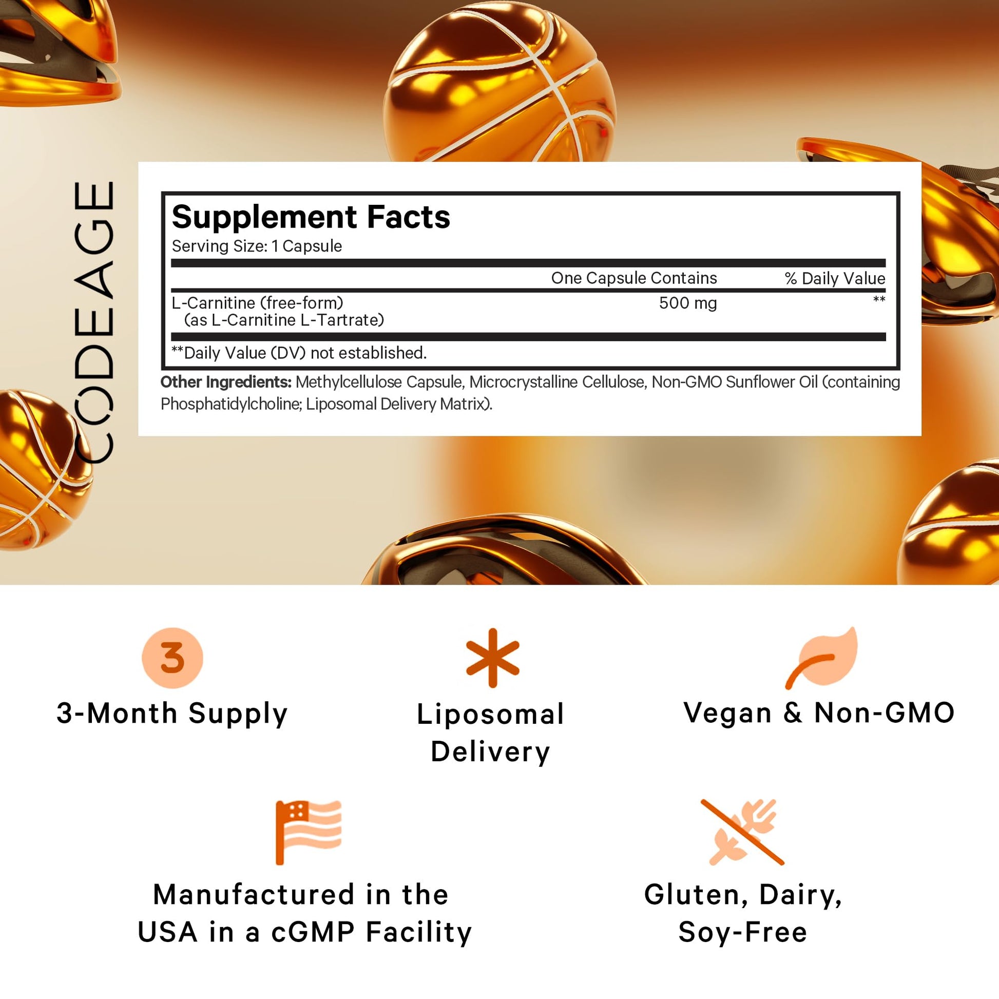 Codeage Liposomal L-Carnitine+ Supplement - 500 mg L-Carnitine L-Tartrate per Serving - Free-Form Amino Acid - Carnitine - Liposomal Delivery - Vegan, Non-GMO, Gluten-Free - 90 Capsules CodeageAu supplements