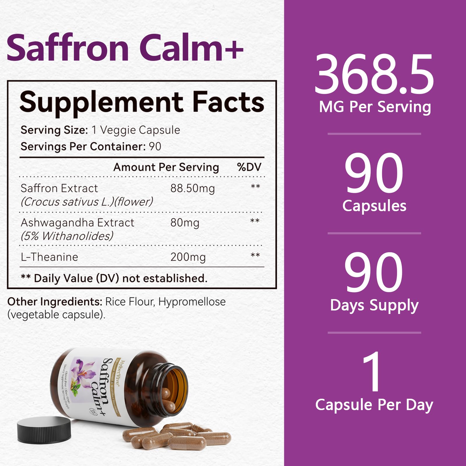 HyberVive Saffron Supplements with Ashwagandha & L-Theanine - 368.5MG - Mood Balance, Stress Relief & Mental Clarity – Cortisol Support for Women & Men, Made in USA, 90 Vegan Capsules HyberViveAu supplements