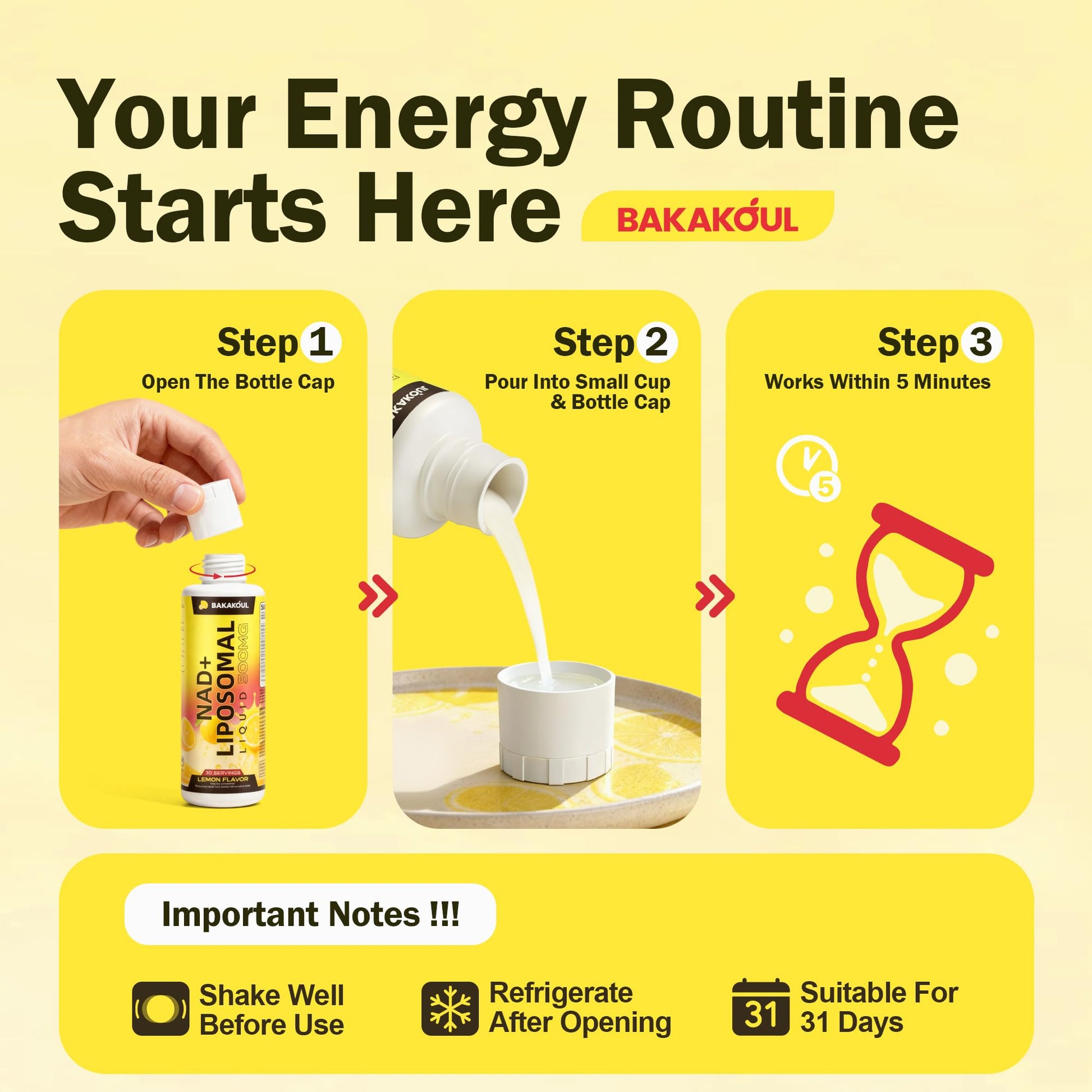 Liposomal NAD+ Liquid Supplement - Designed to Help Support Absorption - Nhanced Cellular Uptake, Helps Support Normal Cellular Health, Supports Cellular Energy Metabolism and Vitality - Lemon Flavor BAKAKOULAu supplements