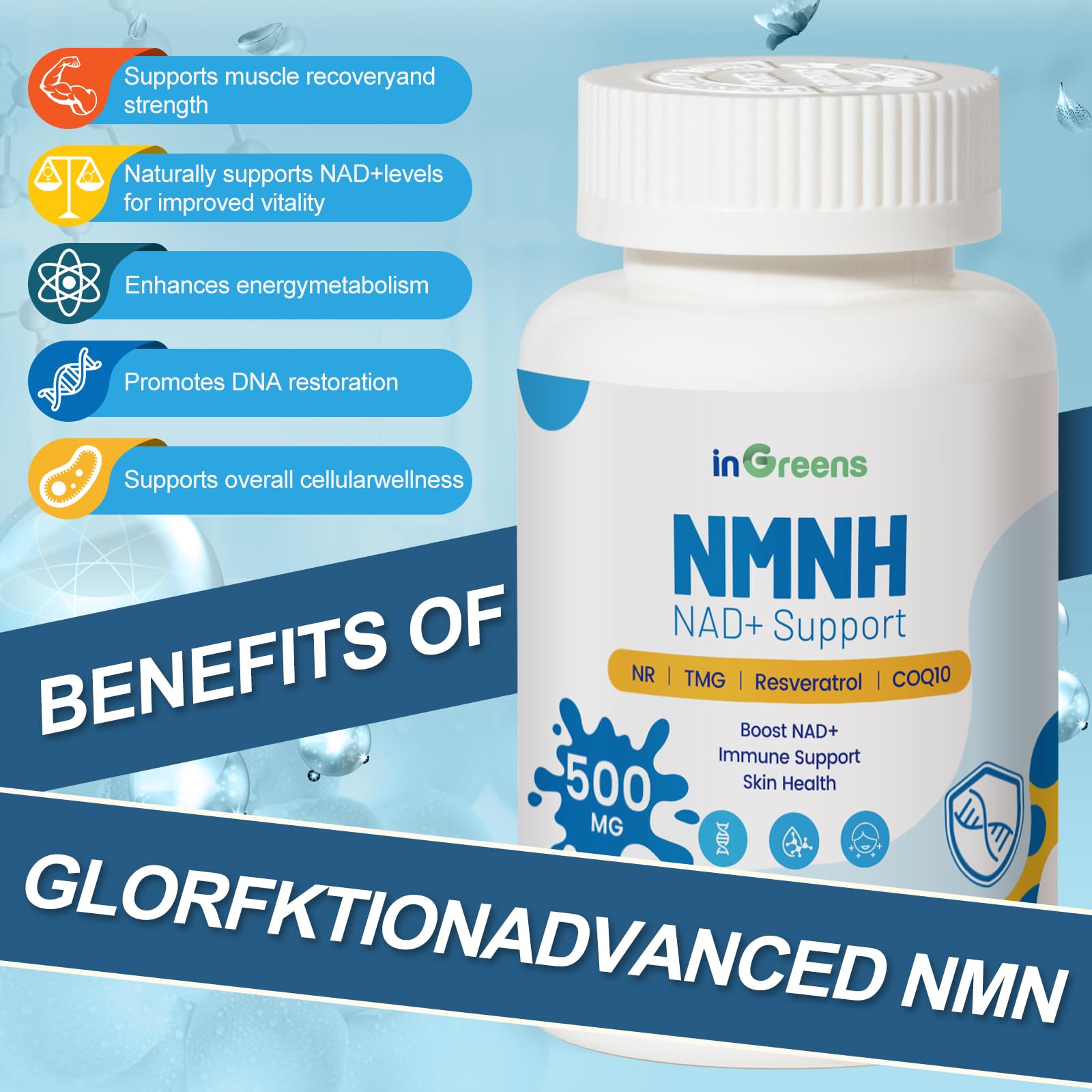 500mg NMNH, NMN Supplement Alternative with NR, TMG, Resveratrol, COQ10, NAD Supplement, Anti Aging, Energy, Boost NAD+ Levels, 60 Capsules inGreensAu supplements