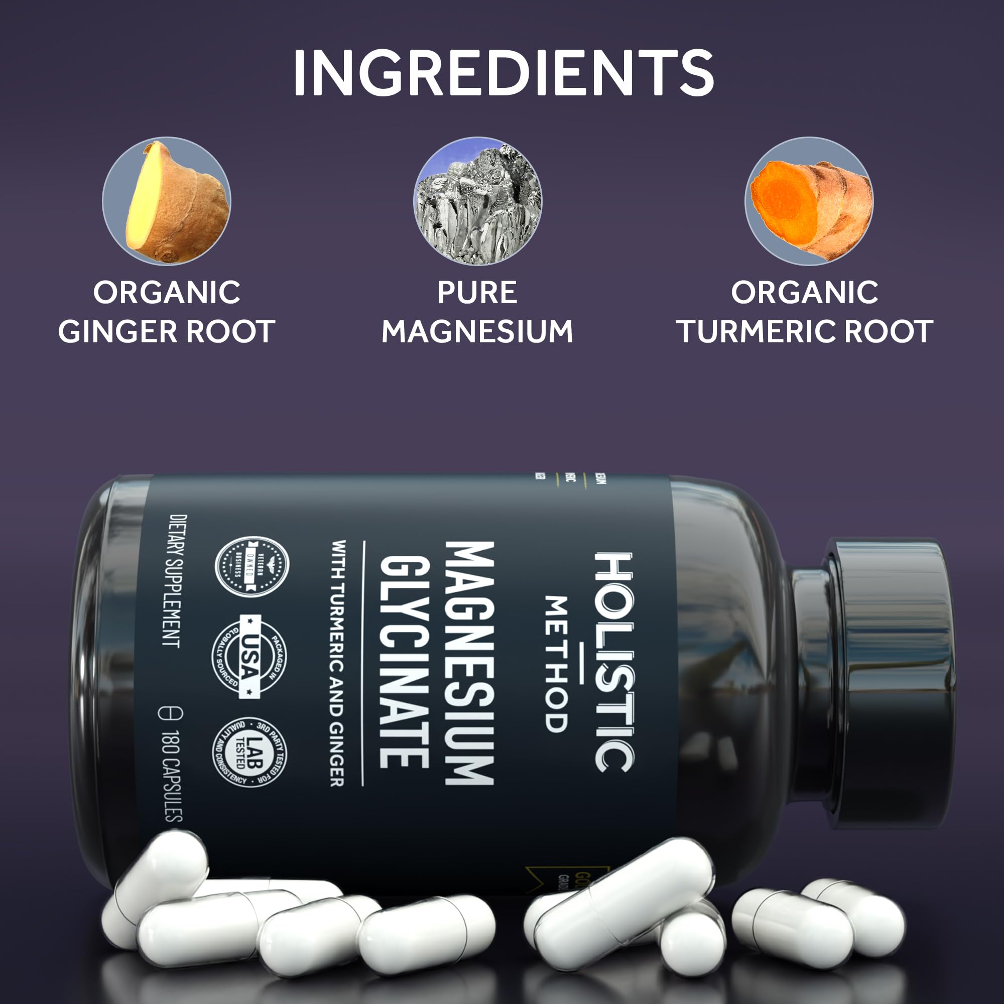 Magnesium Glycinate Capsules with Organic Turmeric and Ginger - 180 Vegan Capsules for Sleep, Relaxation, Muscle Cramps and Immune Support Holistic MethodAu supplements
