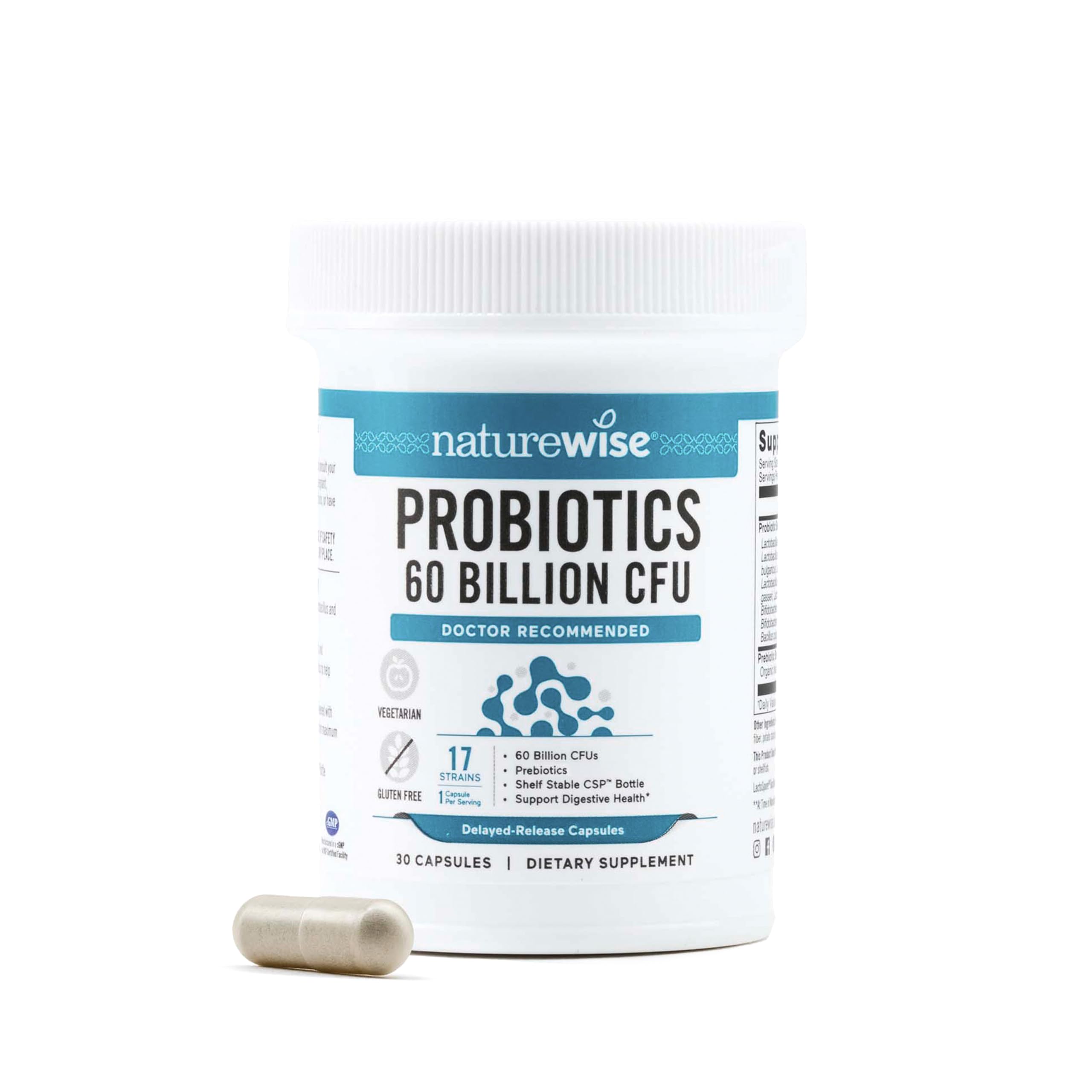 NatureWise Probiotics 60 Billion CFU - 17 Strains + Organic Prebiotics - Immune, Digestive & Gut Health Support for Women & Men - Vegetarian, Gluten-Free, Non-GMO - 30 Capsules[1-Month Supply] NatureWiseAu supplements