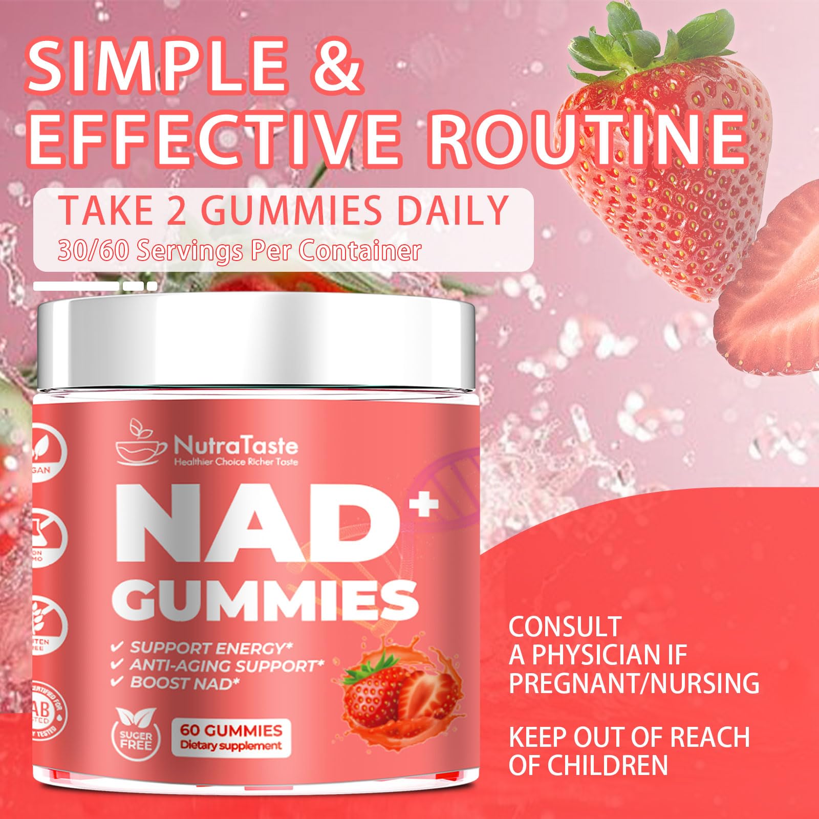 NUTRATASTE HEALTHIER CHOICE RICHER TASTE NAD⁺ Gummies Supplement for Anti-Aging, Energy & Focus Boost | Resveratrol, Nicotinamide Riboside | Strawberry Flavor, Vegan, Sugar-Free,60 Count (Pack of 1) NUTRATASTE HEALTHIER CHOICE RICHER TASTEAu supplements