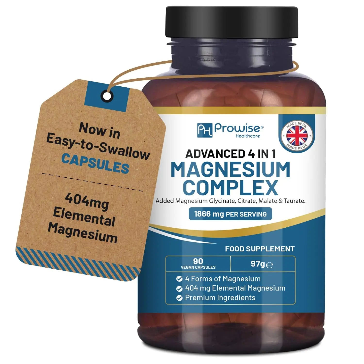 Magnesium Glycinate Complex 4 in 1-1866mg per Serving | Precise 404mg Elemental Magnesium dose | Added Magnesium Glycinate, Citrate, Malate & Taurate | 90 Vegan Capsules - by Prowise PH PROWISE HealthcareAu supplements