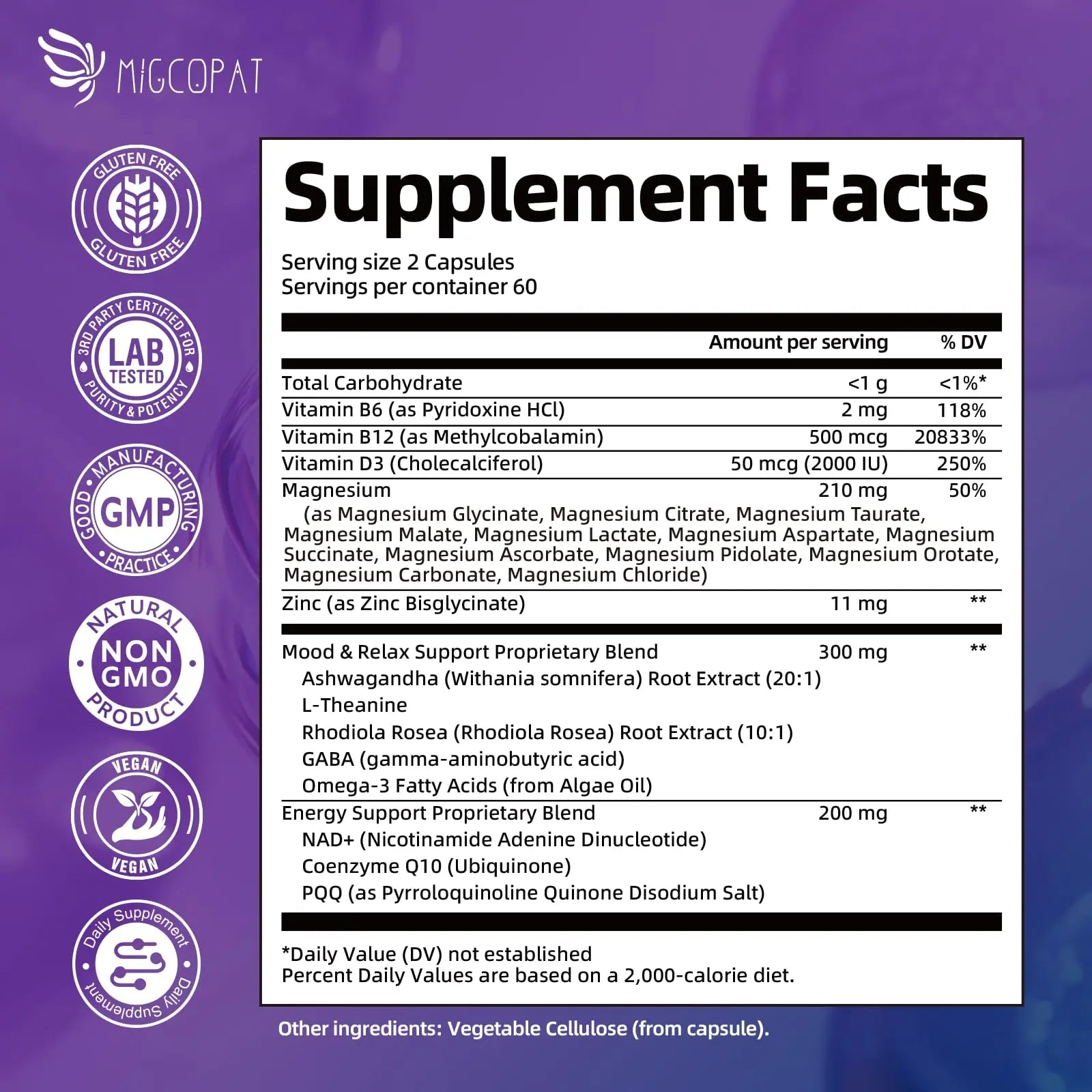 Migcopat Magnesium Complex w/Magnesium Glycinate, Malate, Citrate | 24-in-1 Magnesium Supplement w/Ashwagandha, L-Theanine & NAD+ | Supports Calm, Energy, Muscle & Sleep | Non-GMO, 120 Vegan Caps Migcopatnz supplements