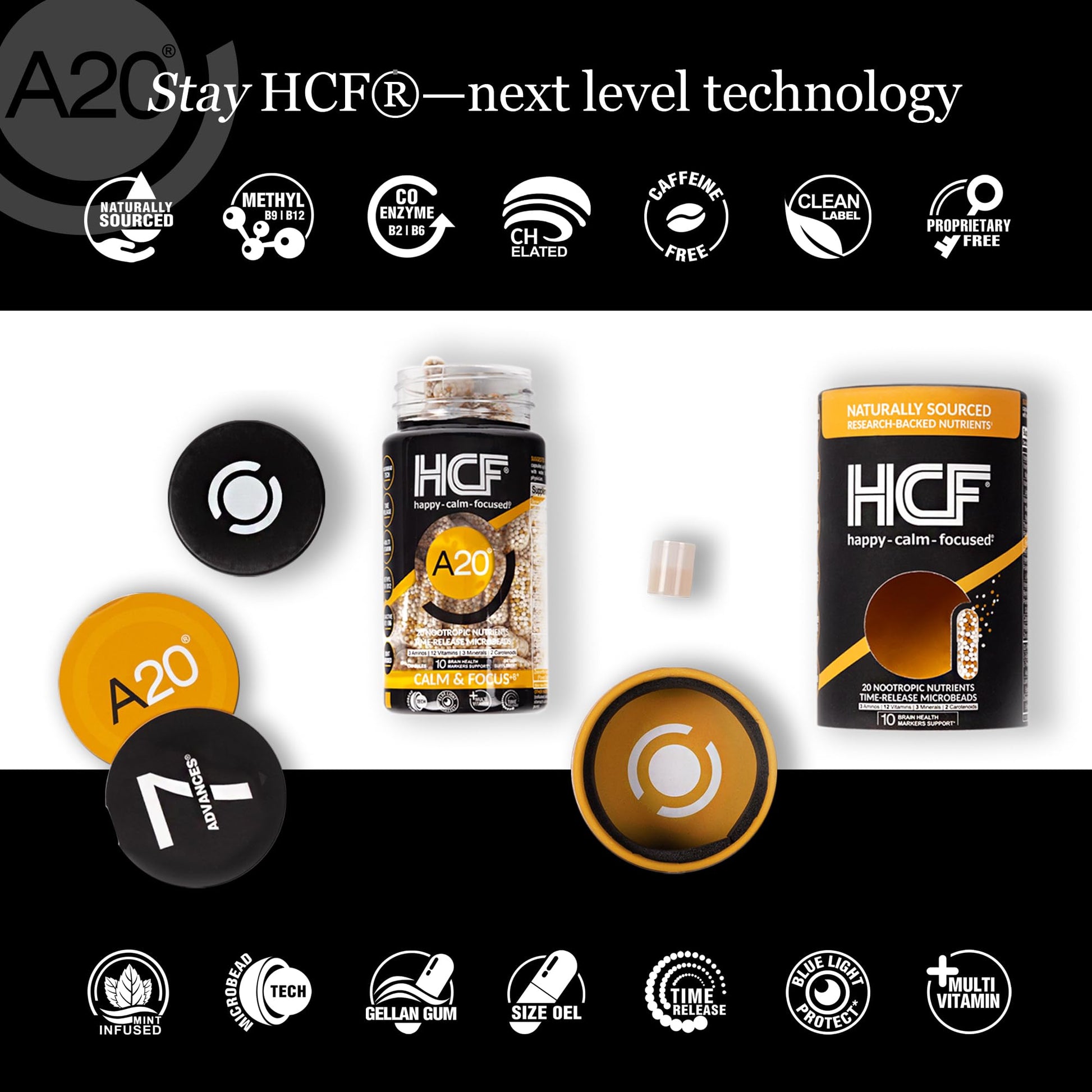 HCF A20 Microbead Brain Health Supplements for Adults for Memory, Focus, Calm, Mood, Alertness, Attention, Vision, Sleep, Immune System, 20 Premium Nootropic Nutrients Multivitamin & 7 Advances® Tech HCFAu supplements