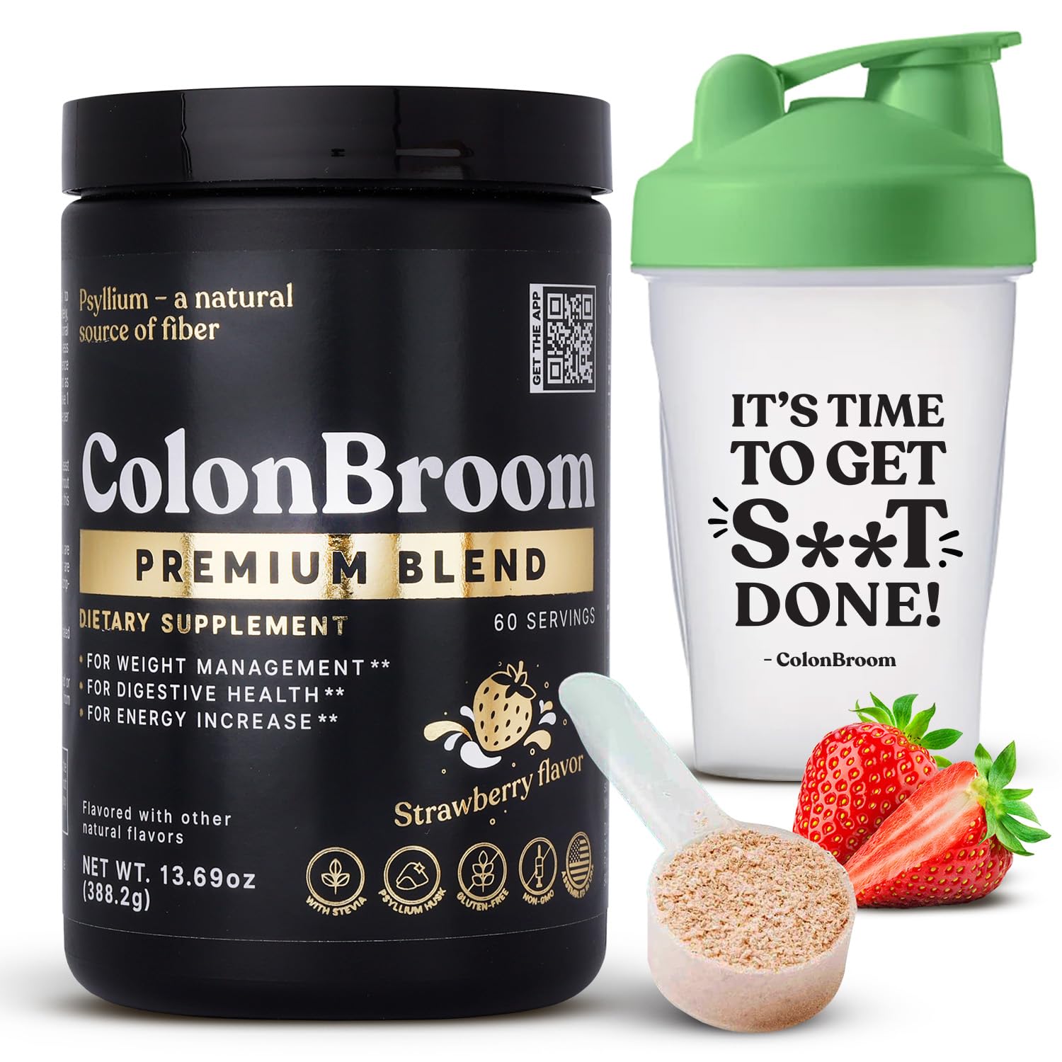 ColonBroom Premium Psyllium Husk Powder (Strawberry, 60 Servings) + Shaker Bottle for Colon Broom Fiber Powder Drink Bundle - Colon Cleanse for Bloating Relief & Gut Health - Fiber Powder Supplement ColonBroomAu supplements
