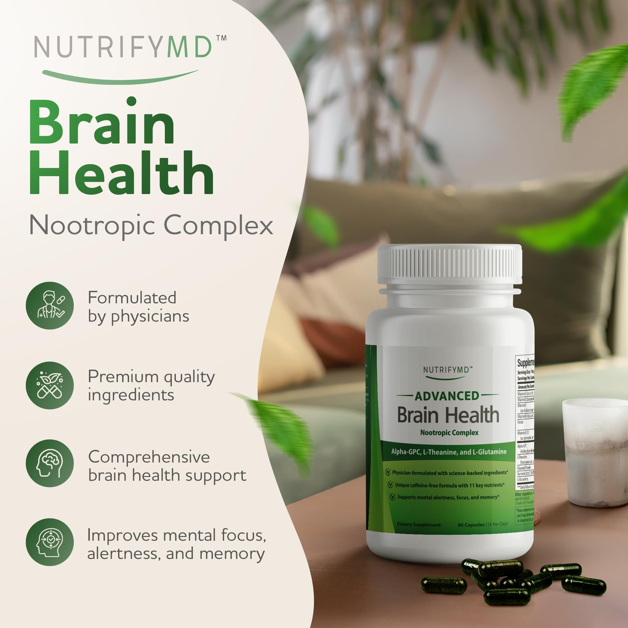 Advanced Brain Health Supplement with Alpha GPC, L-Theanine, L-Glutamine for Memory and Focus - 90 Capsules NutrifyMDAu supplements