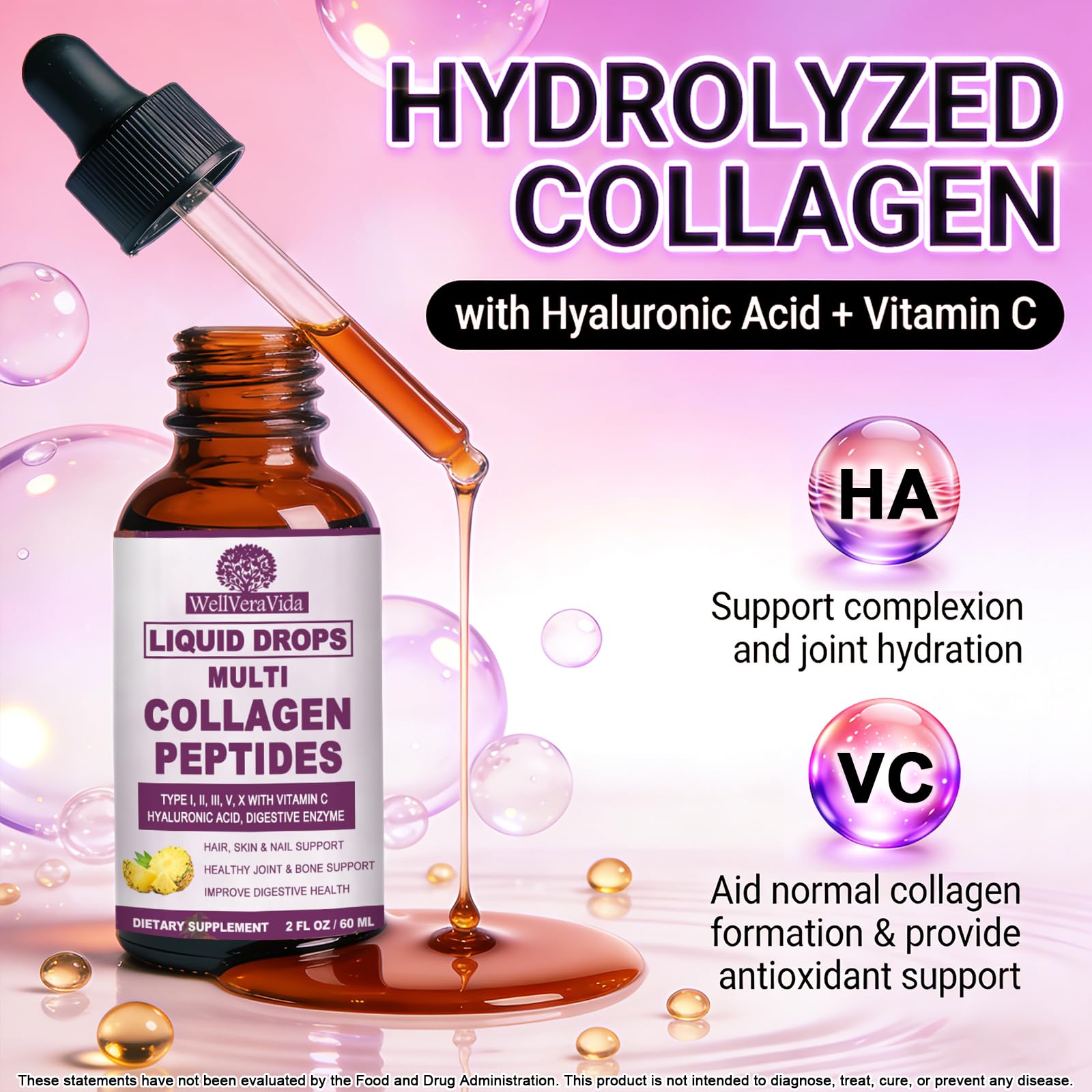 Multi Collagen Peptides Liquid Drops, 2oz – Types I, II, III, V, X, Hydrolyzed Collagen Complex for Hair, Skin, Nails, Bones & Joint Support | Collagen Supplement w. Hyaluronic Acid, Biotin, Vitamin C WellVeraVidaAu supplements