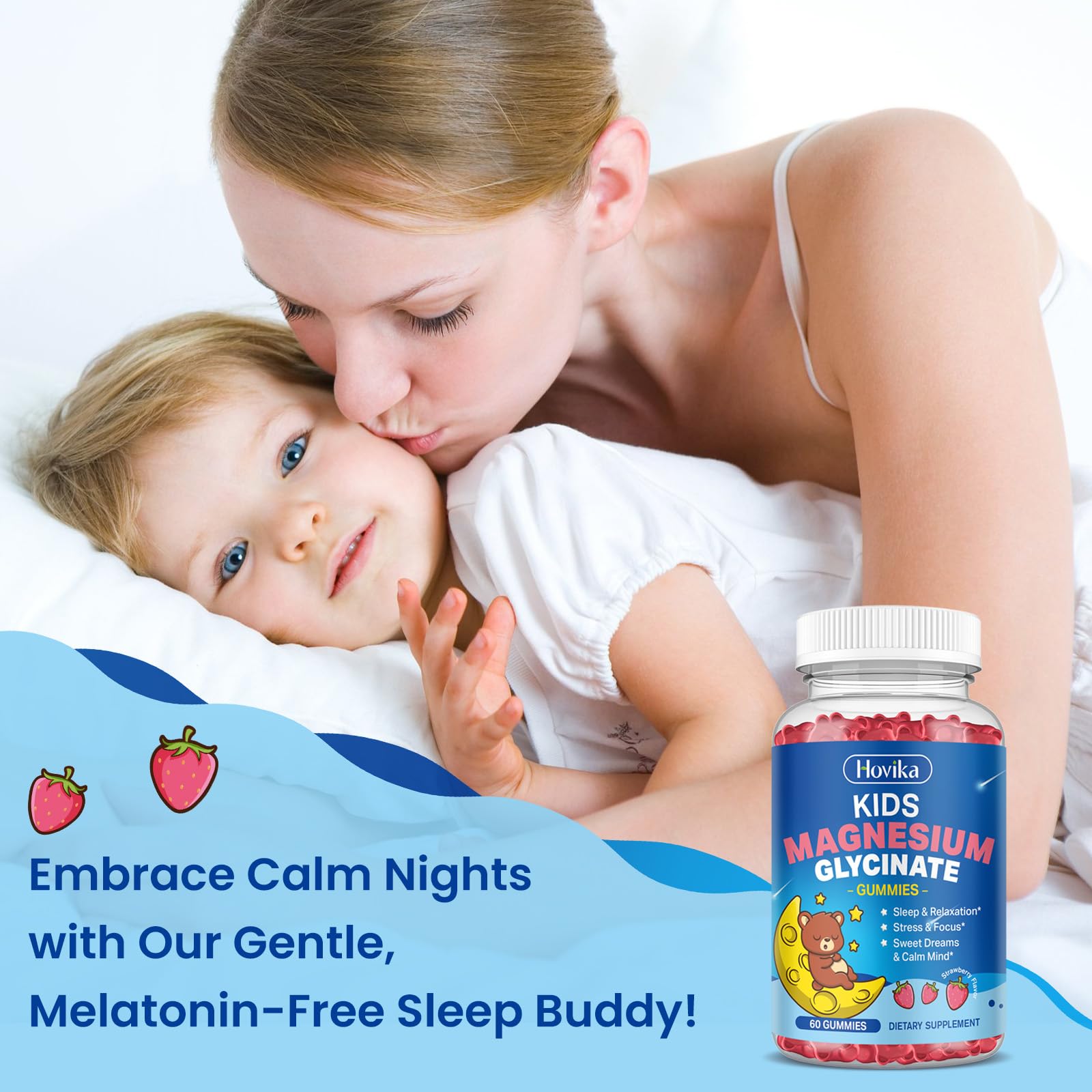 Magnesium Glycinate Gummies for Kids - with L-Theanine, Omega-3, Vitamin B6, D3, Zinc - Kids Magnesium Gummies for Sleep, Relaxation, Calm & Focus - Sugar Free Strawberry 60ct HovikaAu supplements