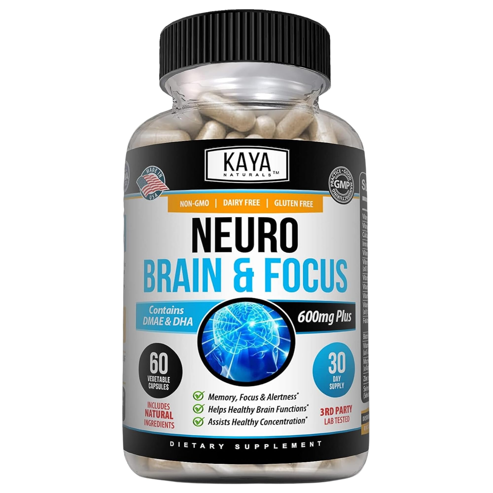 Kaya Naturals - Neuro Brain for Memory & Focus - Nootropic Energy Capsule - Nootropic Brain Support Supplement - Focus & Concentration & Learning Accuracy - Cognitive Function - 60 Count Kaya NaturalsAu supplements