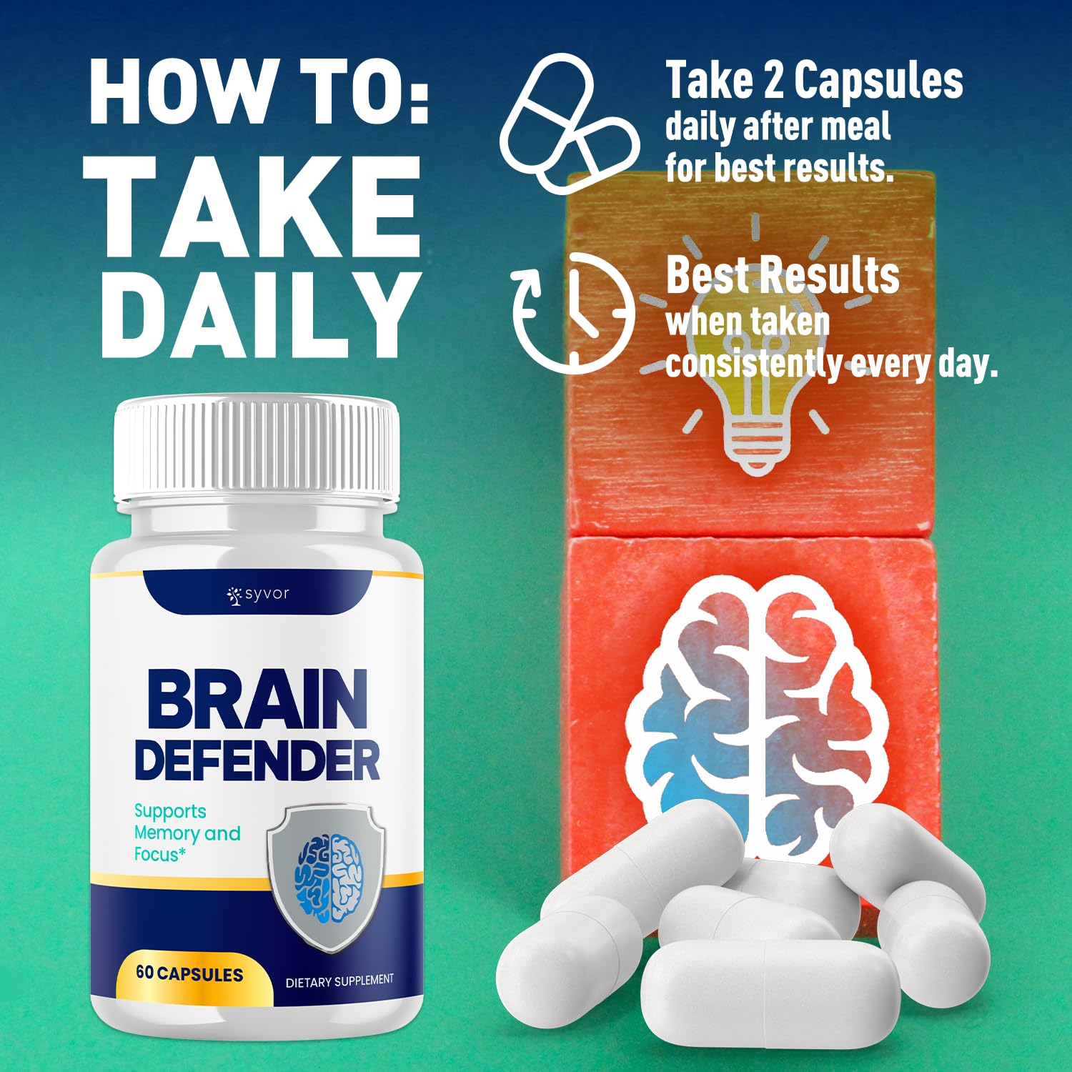 (2 Pack) Brain Defender Supplement Pills, Official Brain Defender Advanced Formula Nootropic Capsules, All Natural Health and Wellness Support Formula Maximum Strength Braindefender (120 Capsules) SyvorAu supplements