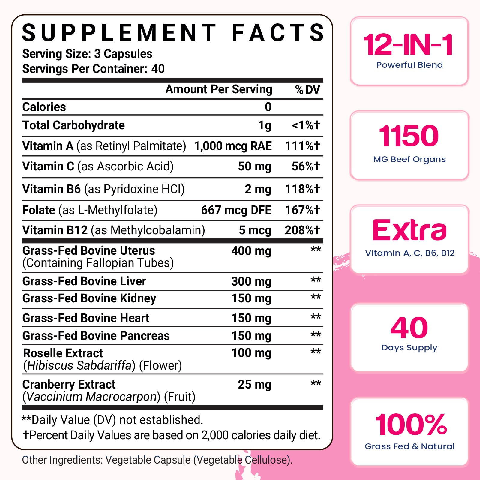 12-In-1 Beef Organ Supplement for Women - Beef Liver, Uterus, Kidney, Heart, Pancreas, 5 Vitamins & 2 Herbs, Hormone Balance, Menstruation, Energy, Immune - 100% Grass Fed, Pasture Raise - 120 Caps NassiouyAu supplements