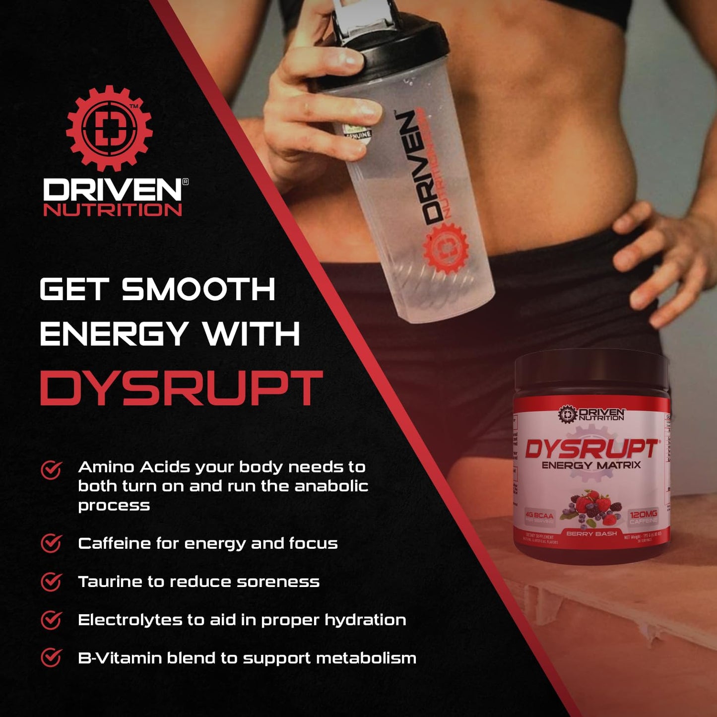 Driven Nutrition DYSRUPT: BCAA + Caffeine with Electrolytes: Sugar & Gluten Free Supplement Driven NutritionUS supplements
