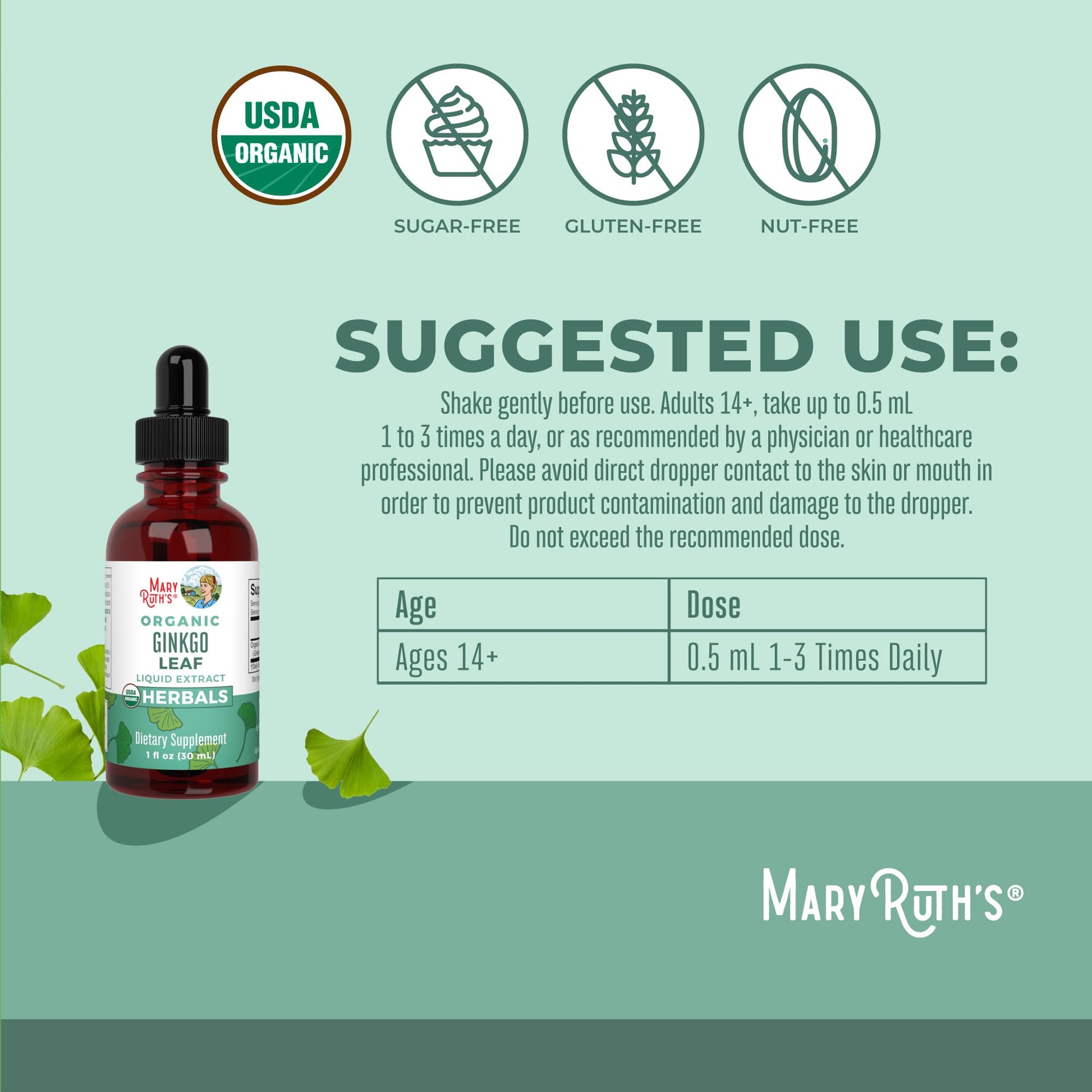 MaryRuth Organics Ginkgo Leaf Liquid Drops | Herbal Supplement | Nootropic | Circulatory System & Nervous System Health | USDA Organic | Non-GMO | Vegan | 60 Servings MARYRUTH'SUS supplements