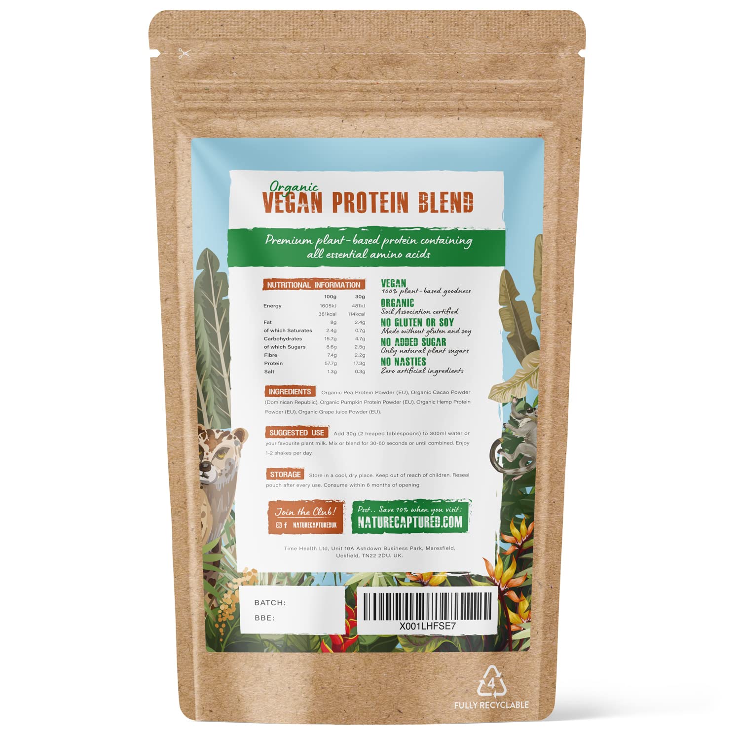 Organic & Raw Vegan Protein Blend (600g) - Chocolate Flavour - Pea, Pumpkin & Hemp Nature CapturedAu supplements