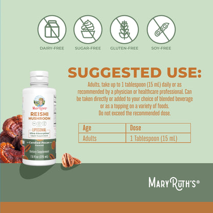 MaryRuth Organics Reishi Vegan Mushroom Supplement | Ultra Absorption Liposomal | Immune Support with 200mg Beta-Glucans, Vegan |Full Spectrum Reishi Mushrooms Fruiting Body | 7.6 oz, MARYRUTH'SUS supplements