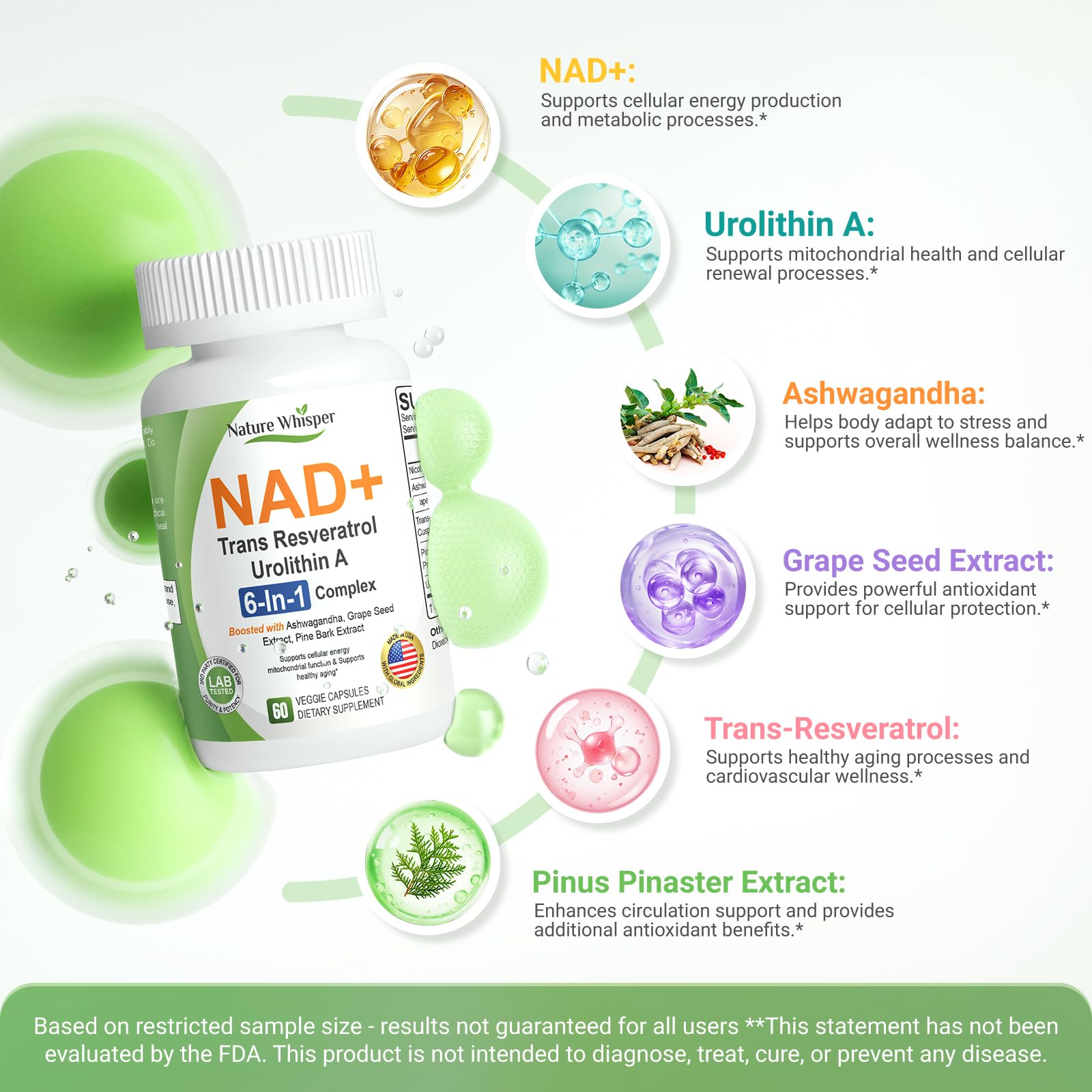 Nature Whisper NAD+ Supplement 620mg | 6-in-1 Complex with Resveratrol, Ashwagandha & Urolithin A - Daily Energy Stack for Focus, Brain Fog & Healthy Aging - 60 Capsules Nature WhisperAu supplements