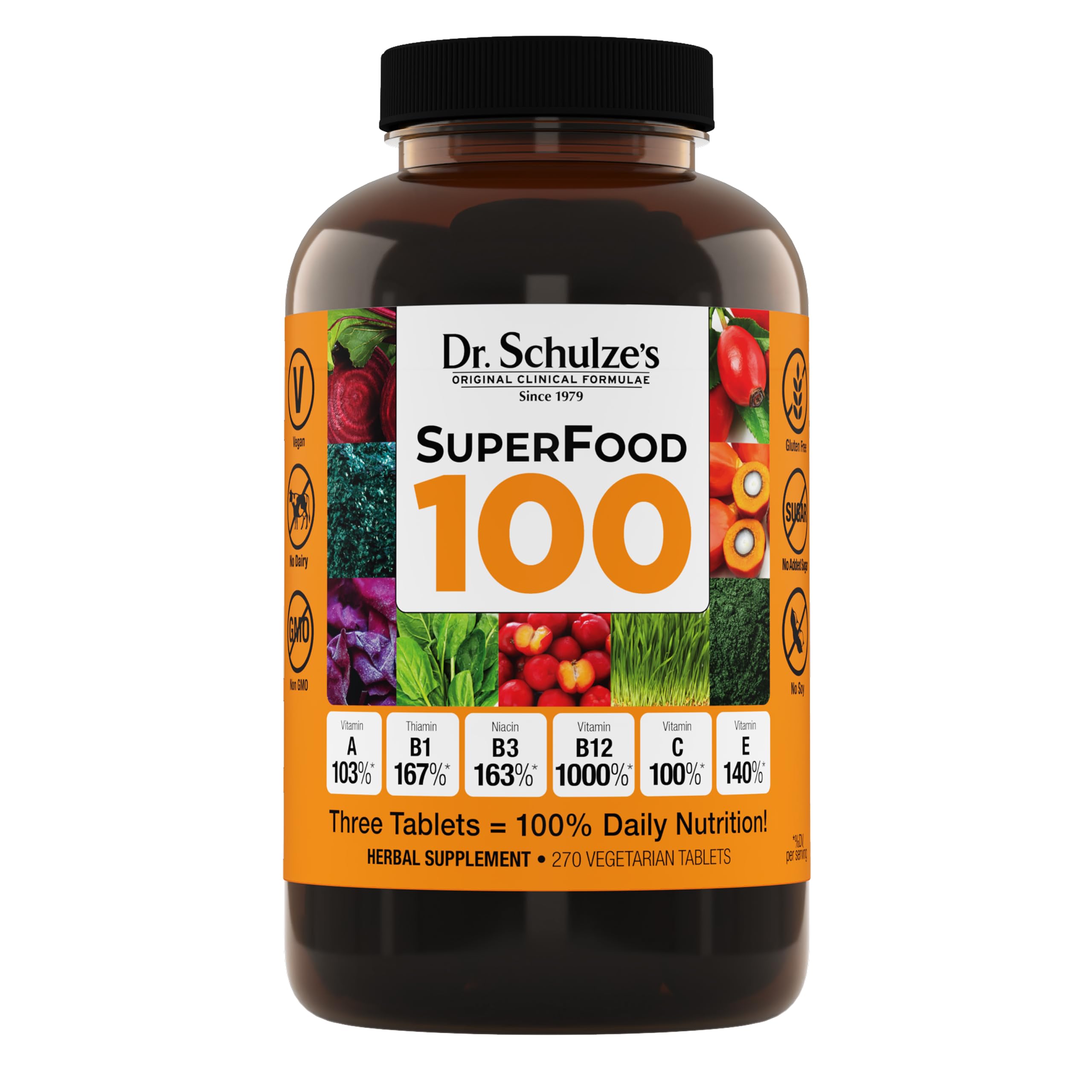 Dr. Schulze's SuperFood 100 - Everyday Superfood Supplement to Support Overall Wellness - Mutivitamin Support for Cellular Nutrition & Energy - Clean Ingredients - Gluten-Free & Dairy-Free - 270 Count Dr. Schulze'sAu supplements