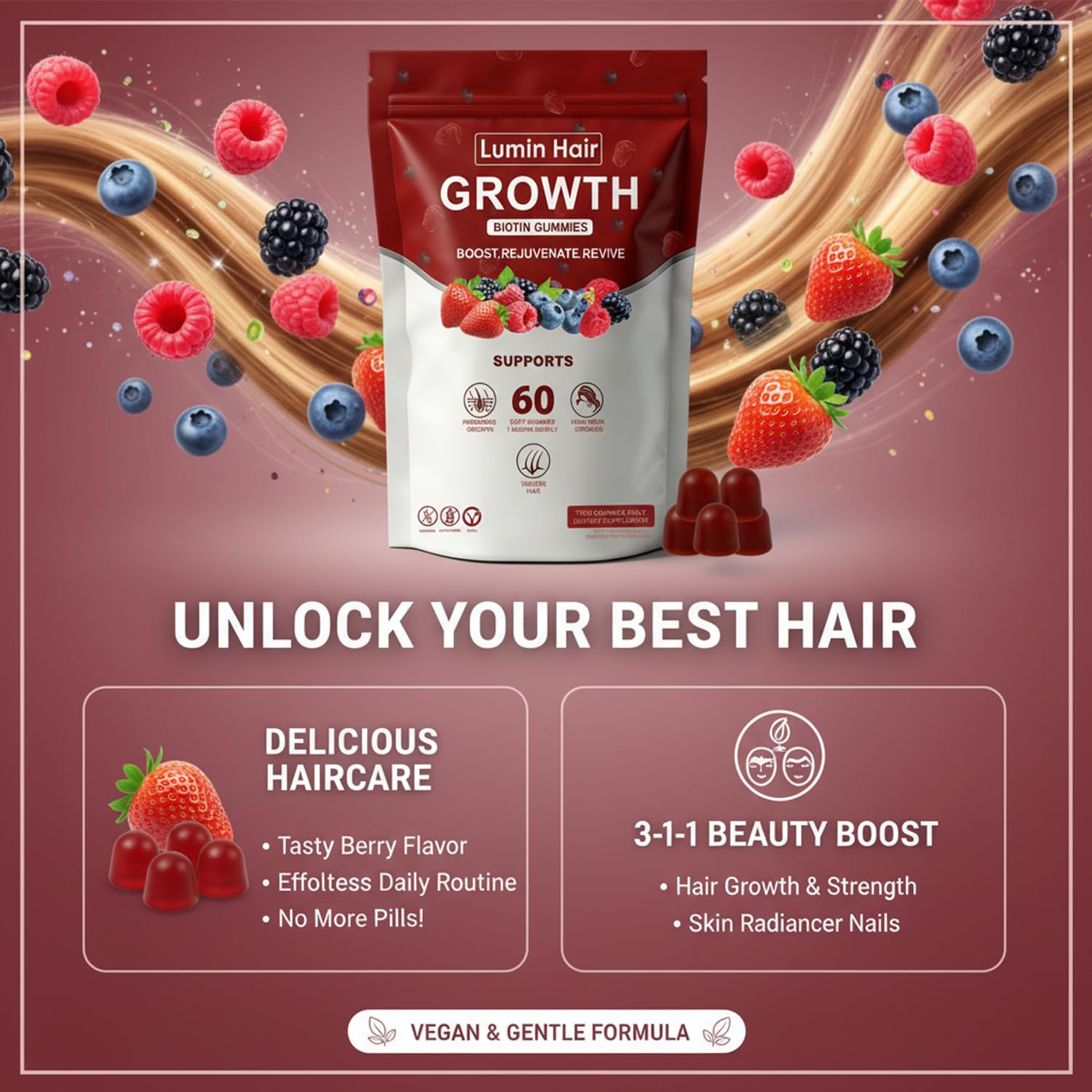 Lumin Hair Growth Gummies for Black Women, 60 Vegan Gummies, Daily Hair Nourishment with Biotin, Collagen & Botanical Extracts, Supports Healthy Hair Growth & Strength Lumin HairUS supplements